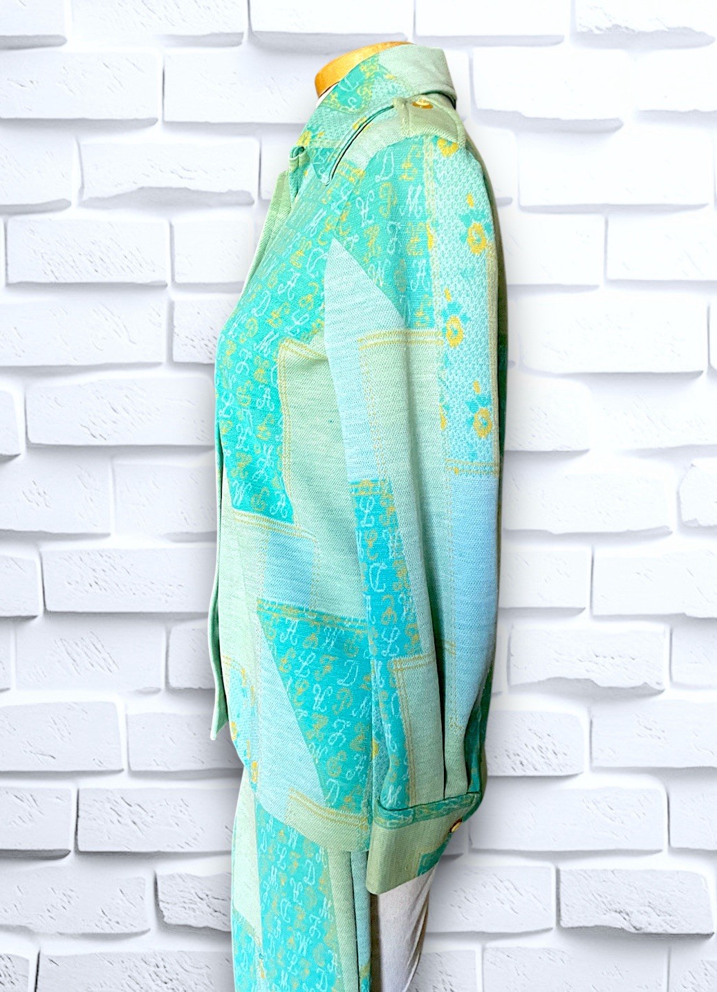 1960’s Teal, Sea Foam Green & Yellow Patchwork & Monogram Pattern Suit Spring