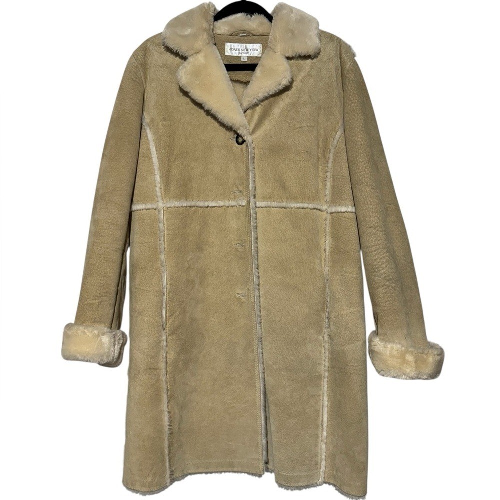 Jones New York Vintage 70s Leather Suede Faux Fur Trench Coat Large Mob Wife