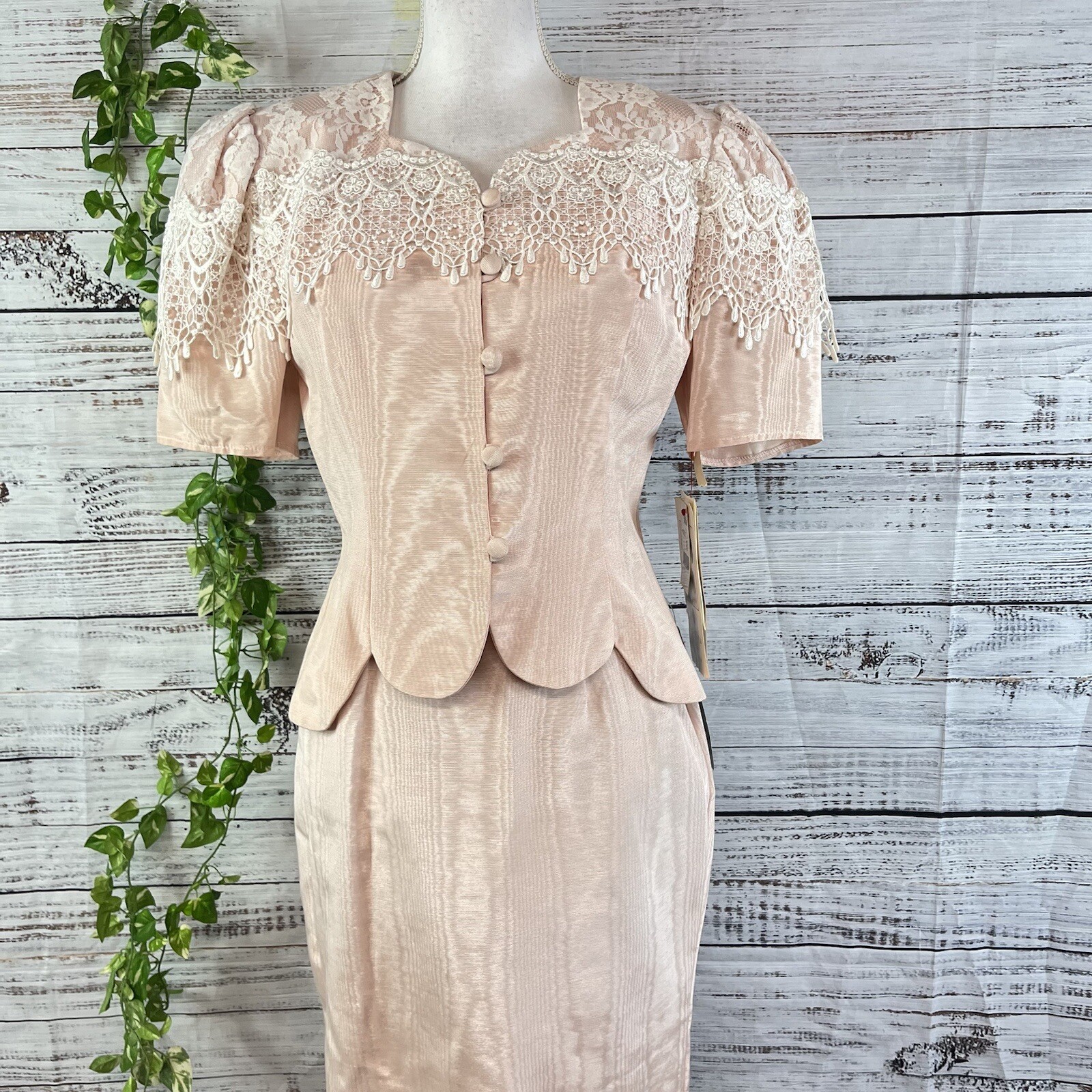 Scott McClintock 80s Vintage Pink Taffeta Lace Skirt Suit Size 8 Wedding Prom
