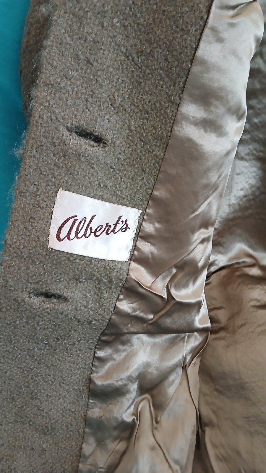 Vintage Green Full Length Wool Coat, Brown Fur Collar.