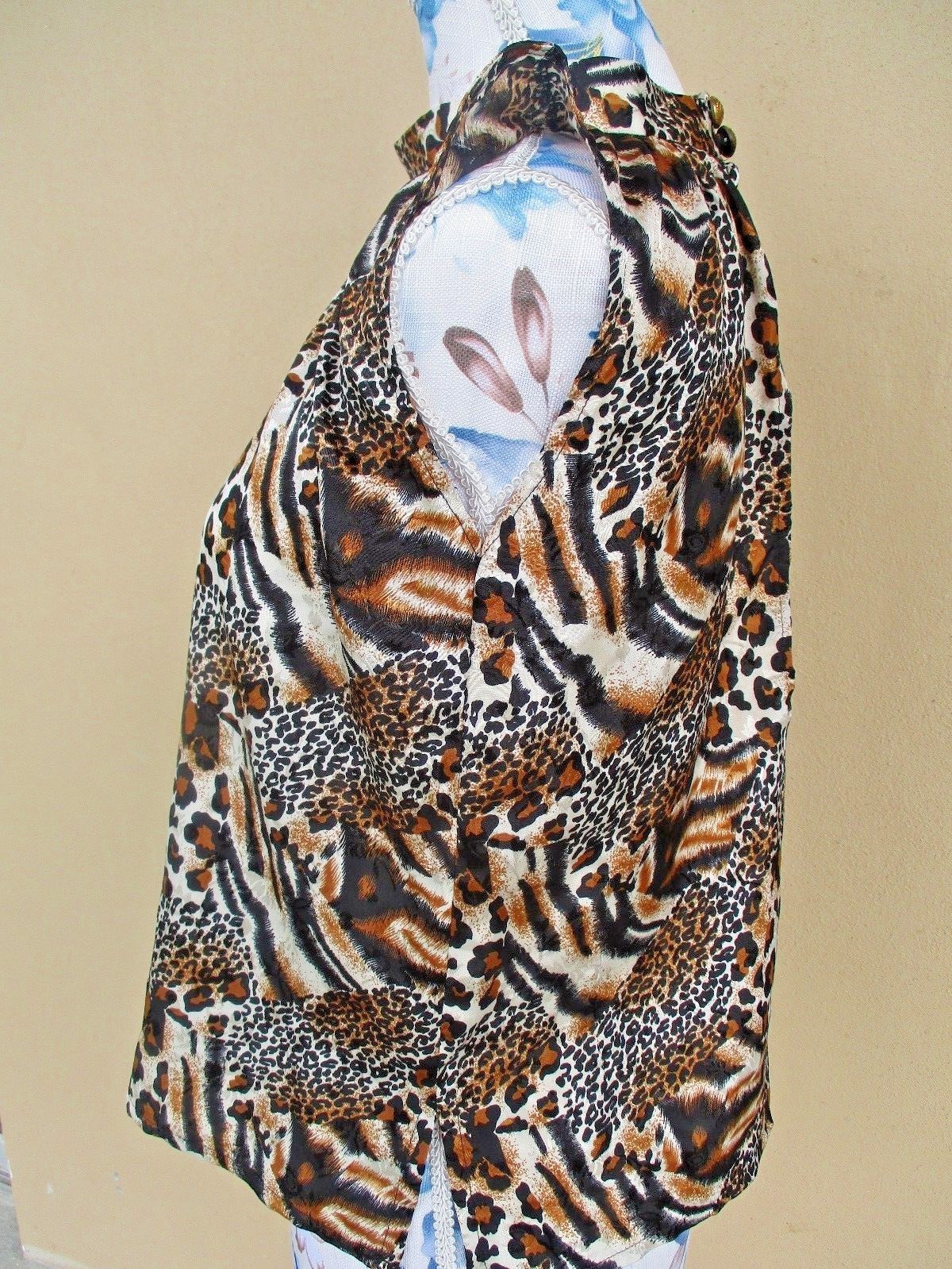 Vtg Leopard Animal Print Tank Pleated Keyhole Open Back Size~ M