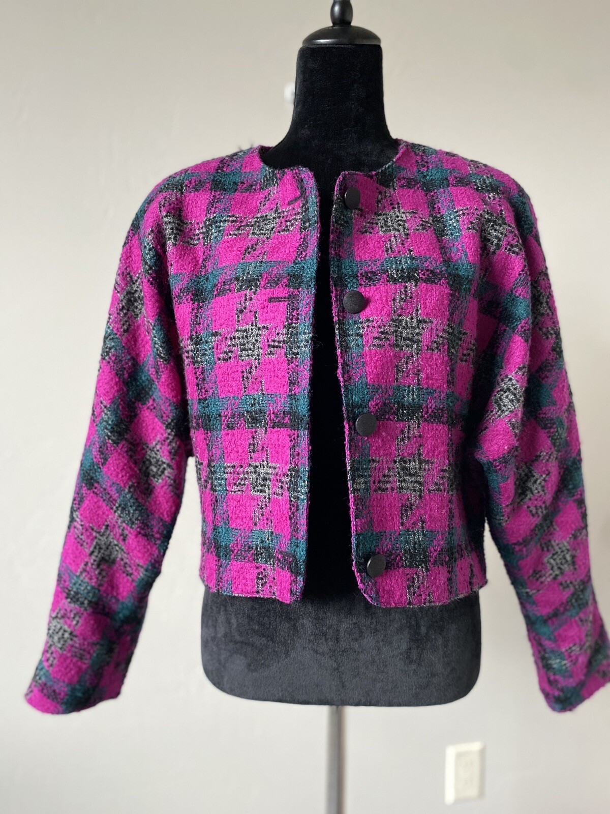 mr. jax Womens Blazer SIZE 12 Magenta Plaid Wool Dolman Sleeve Made in Canada