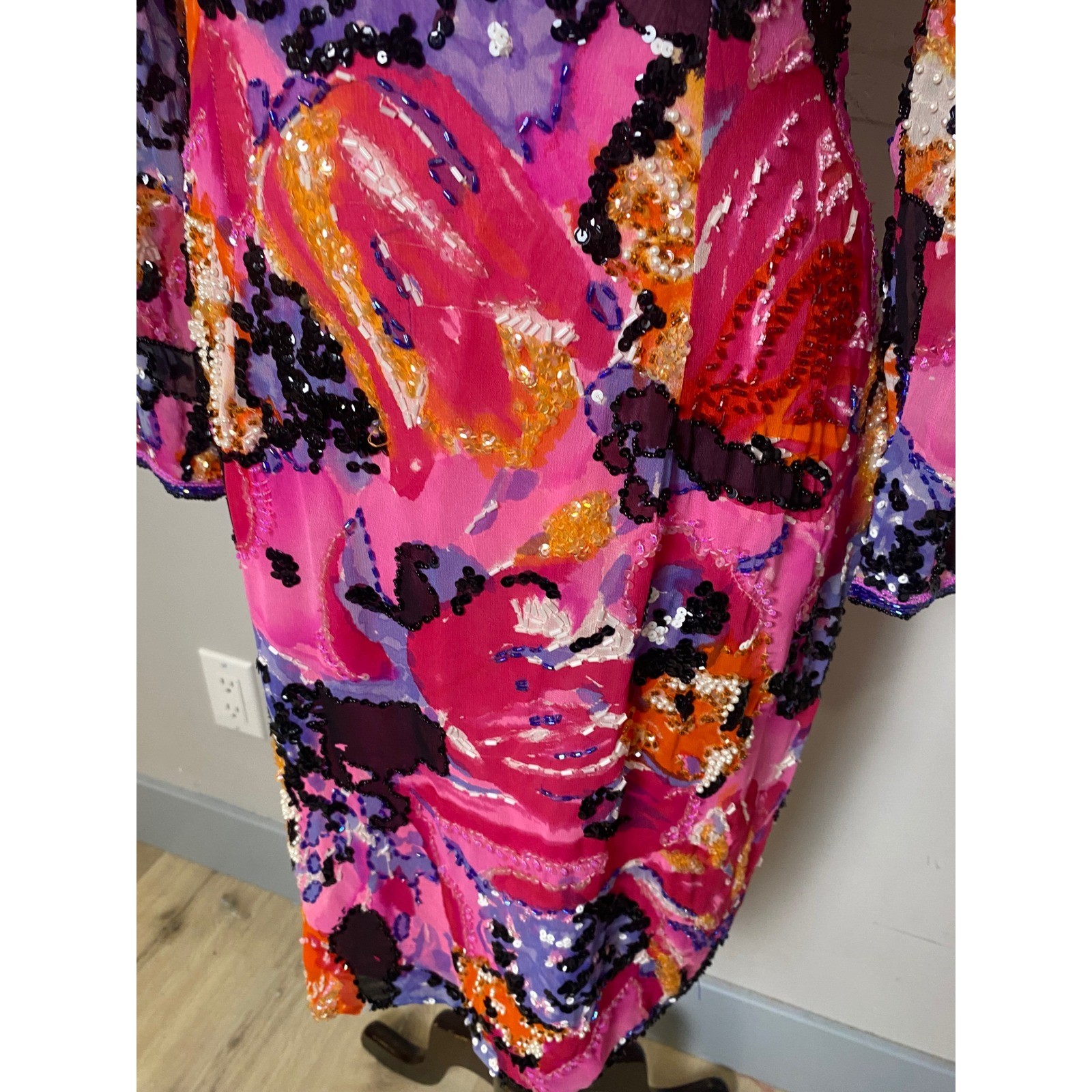 Vintage Miss Jackson Silk Beaded Sequin Dress Pink Abstract Floral Deep Back 8