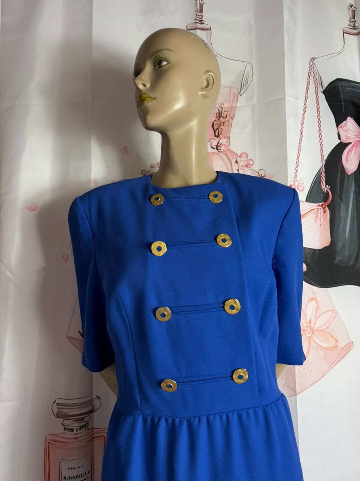 Vintage Dress Royal Blue Gold Buttons Navy Style 80s 90s Size 42 44