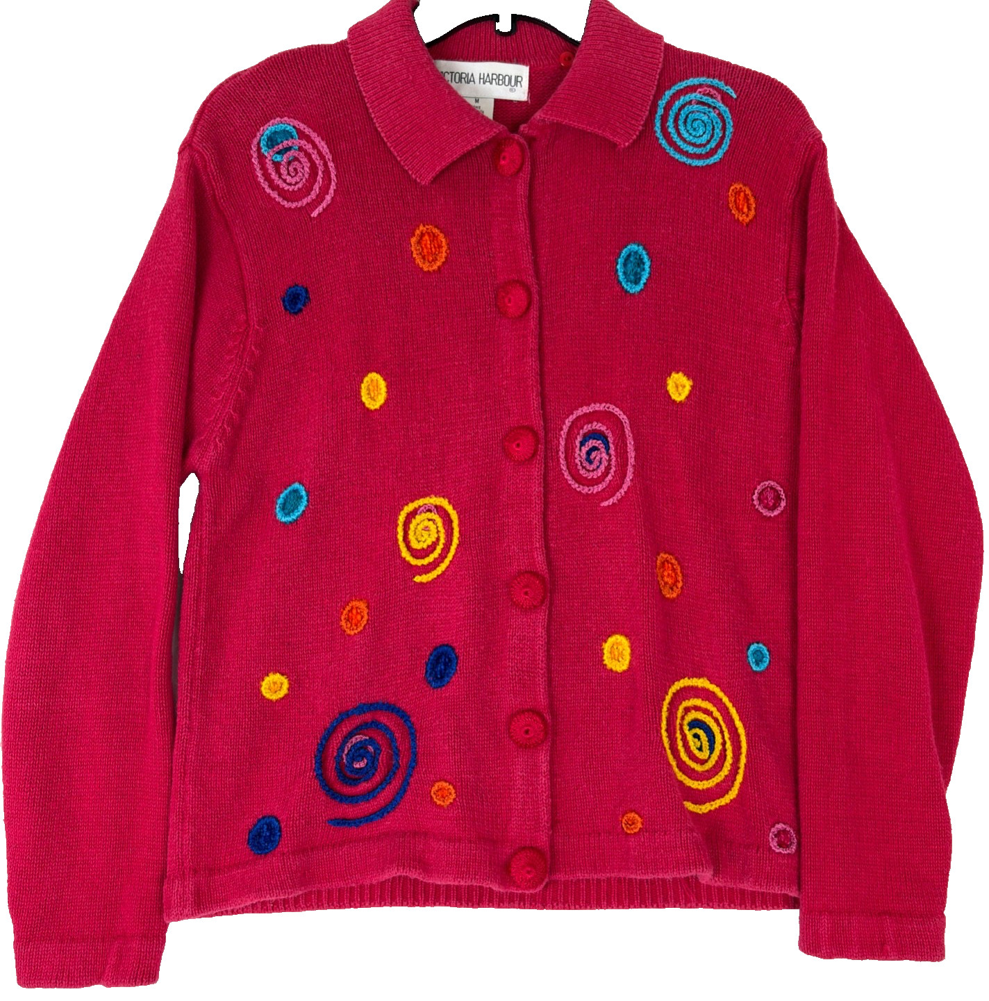 Vintage VICTORIA HARBOUR Cardigan Sweater Red Multicolor Holiday Christmas
