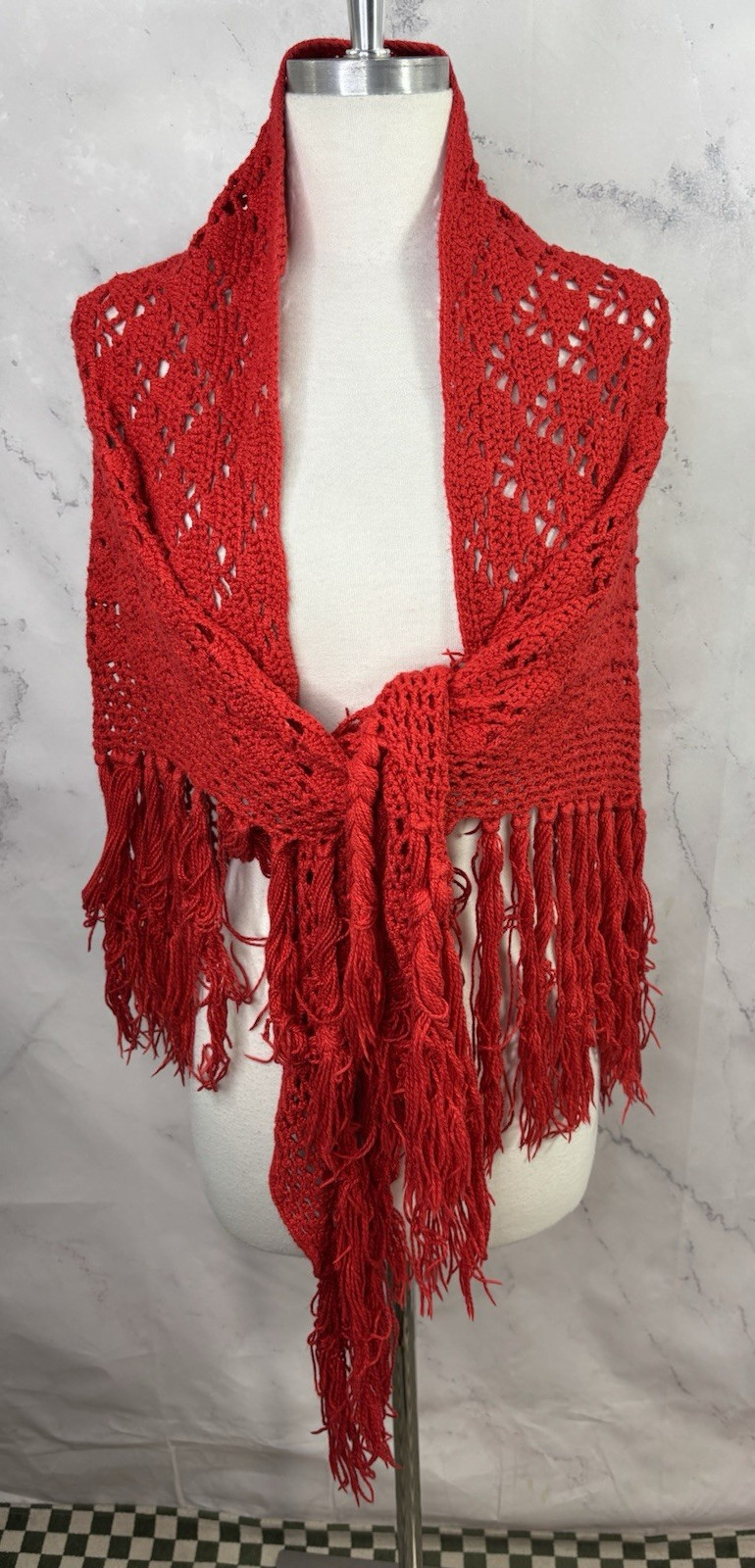 Vintage 70s Crochet Knit Shawl Red Cape Wrap cottagecore Boho Hippie Festival