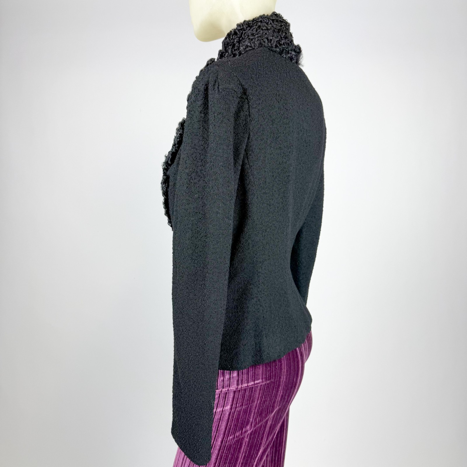 Antique Victorian Mourning Jacket Black Wool Astrakhan Fur High Collar Gothic XS