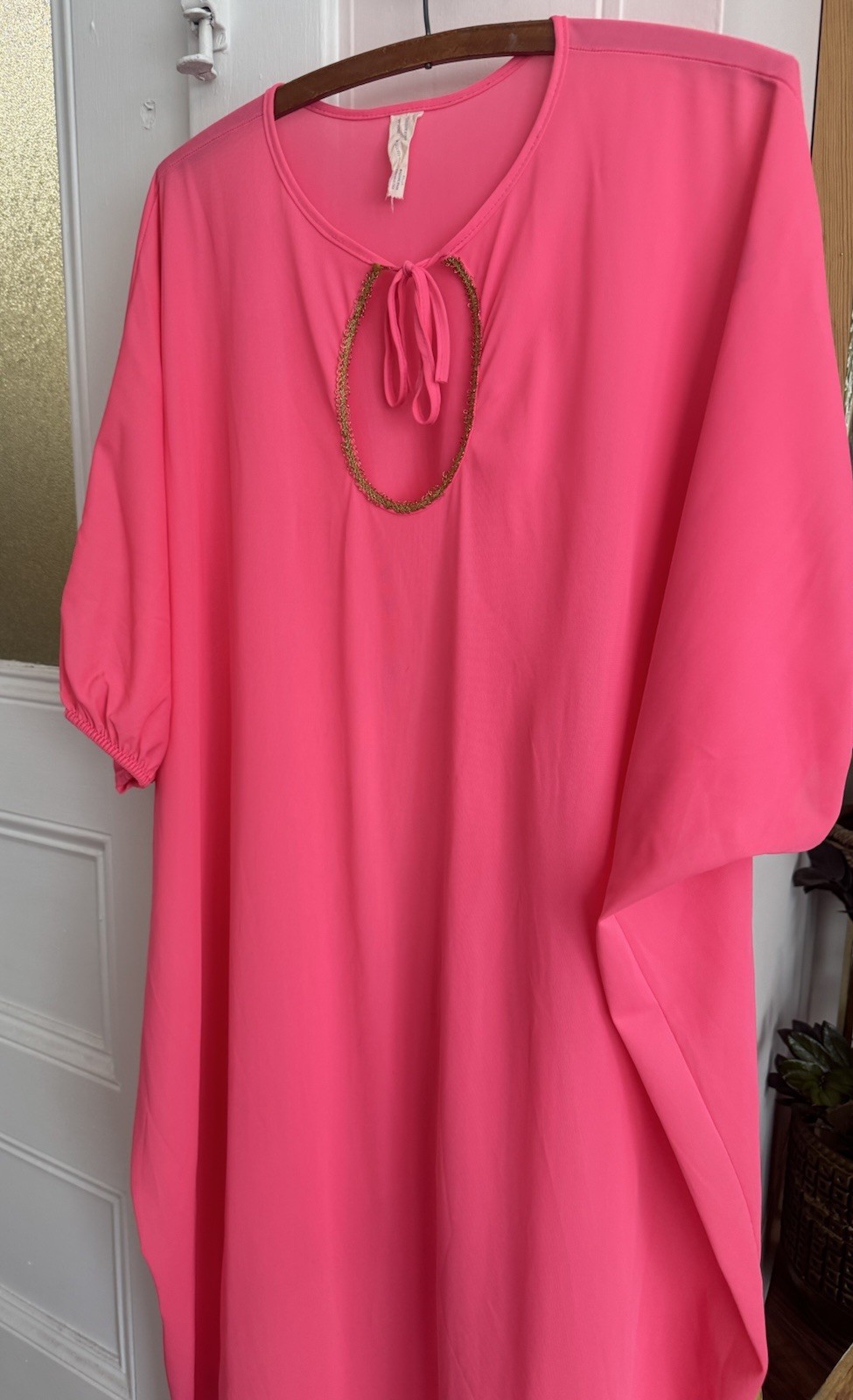Vintage 60’s 70’s Hostess Caftan Nightgown Nylon Day-glo Pink Maxi Dress Onesize