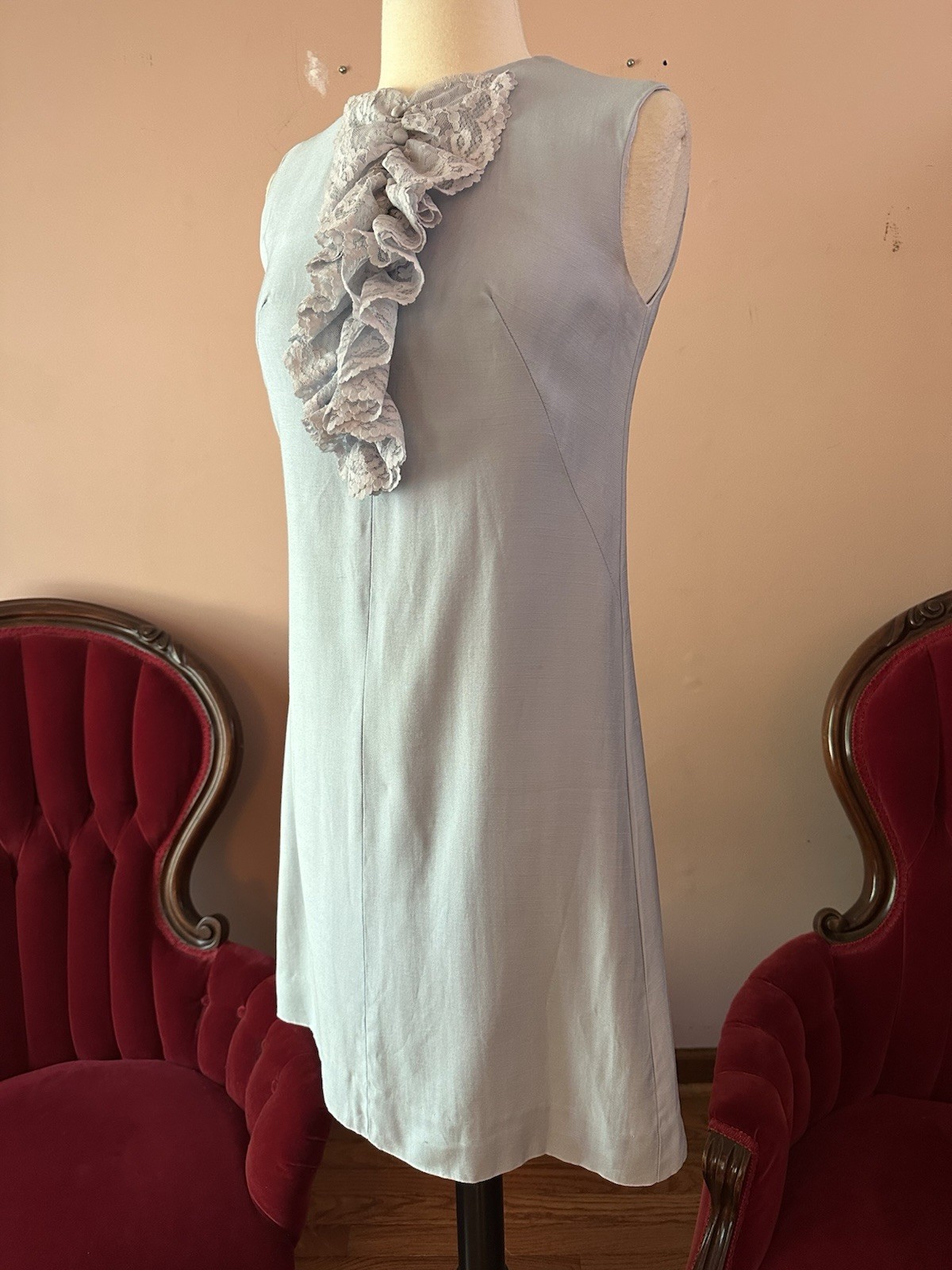 Vintage 60s Baby Blue Lace Ruffled Jabot Shift Mini Dress Silk Linen XS S