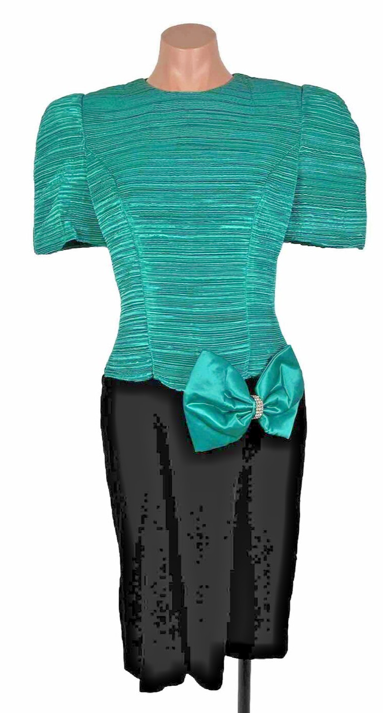 Opening Night Vintage 80s Teal Puffy Sleeve Velvet Prom Party Formal Dress 7/8