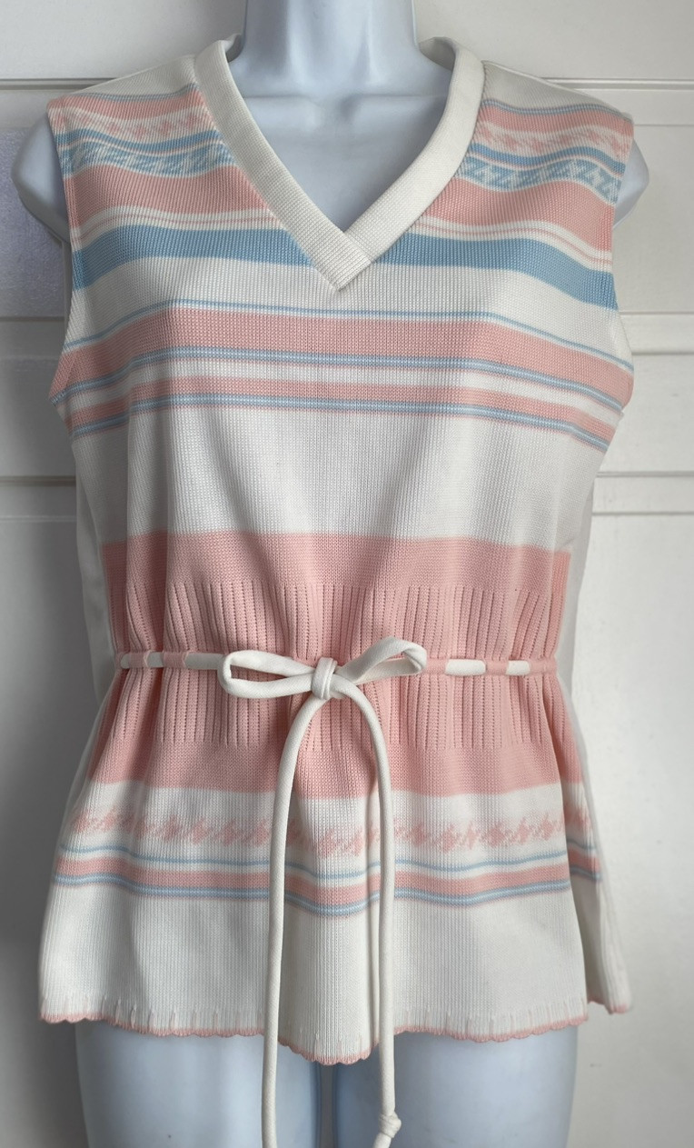 Vintage 60s 70’s White w/ Pink Stripe Poly Knit Tie Waist Women Size 12