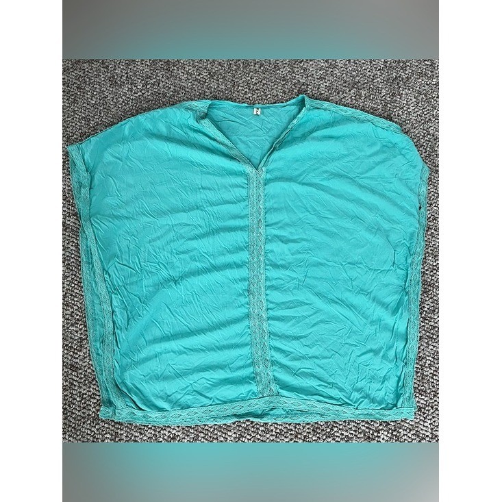 FMC Teal Crochet Lace Trim V-Neck Dolman Sleeve Blouse Top XL
