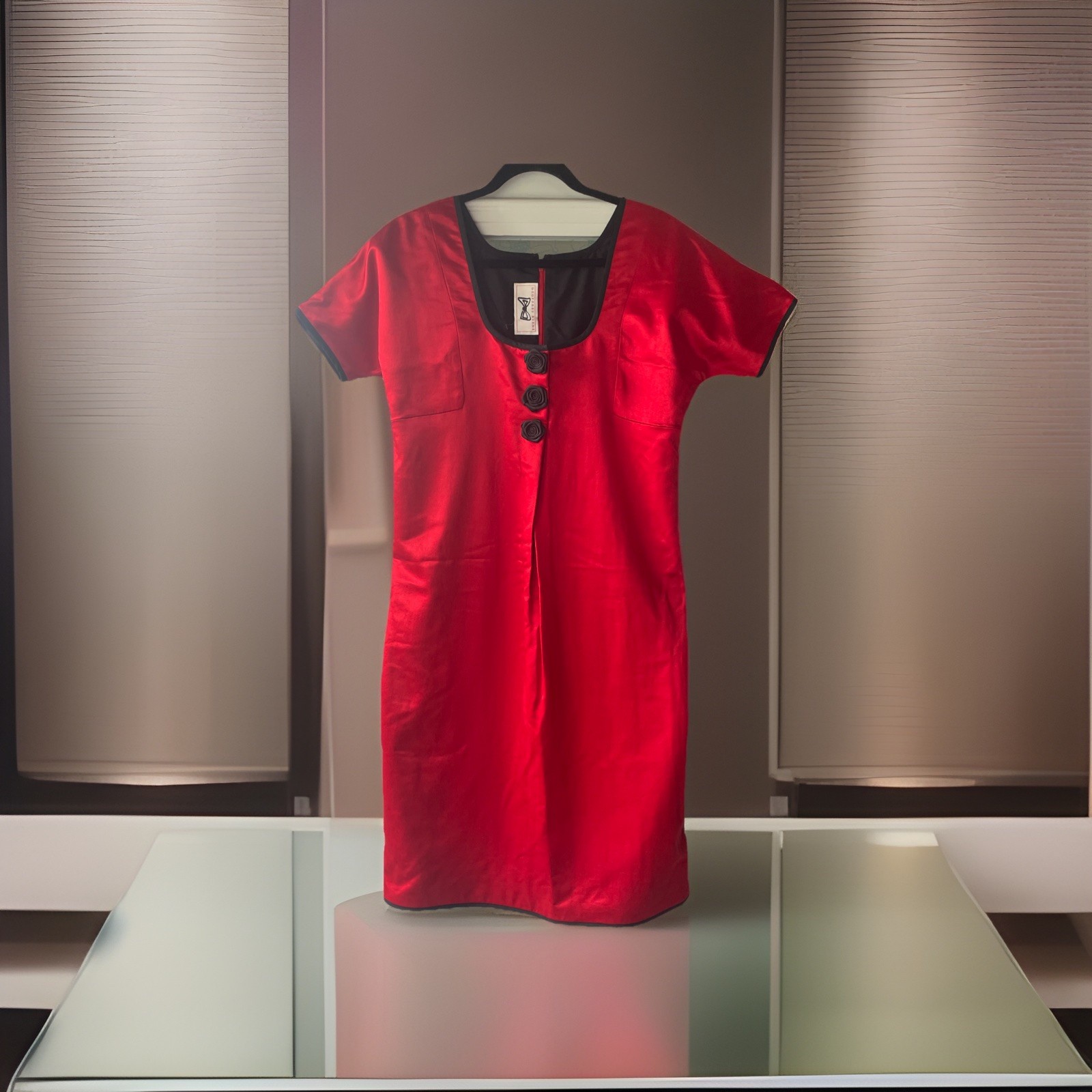 Geoffrey Beene VTG 60s Satin Red Dress Short Sleeves Rose Accents Designer Sz 8