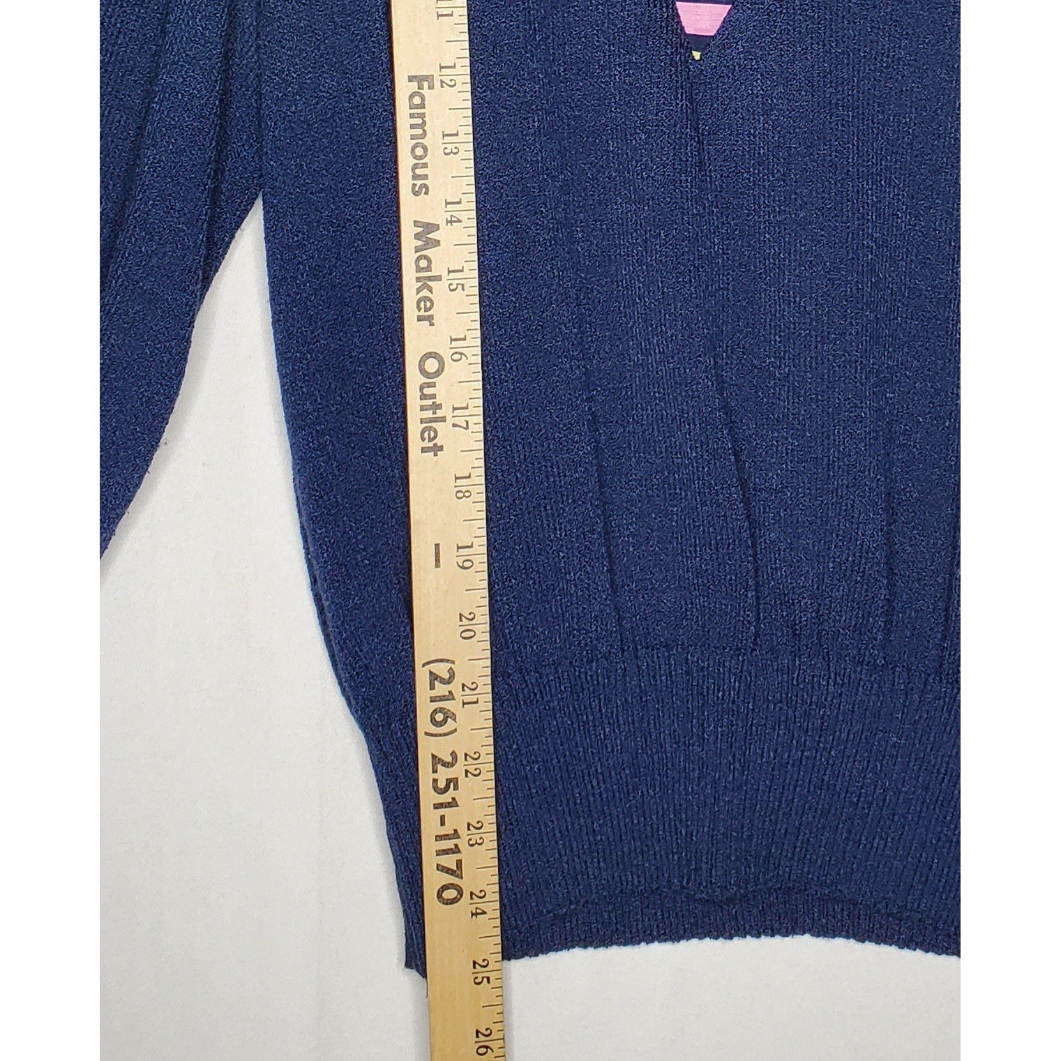 Anthony Sicari Vintage 80s Navy Blue Knit Sweater 10 Striped Inset V-Neck