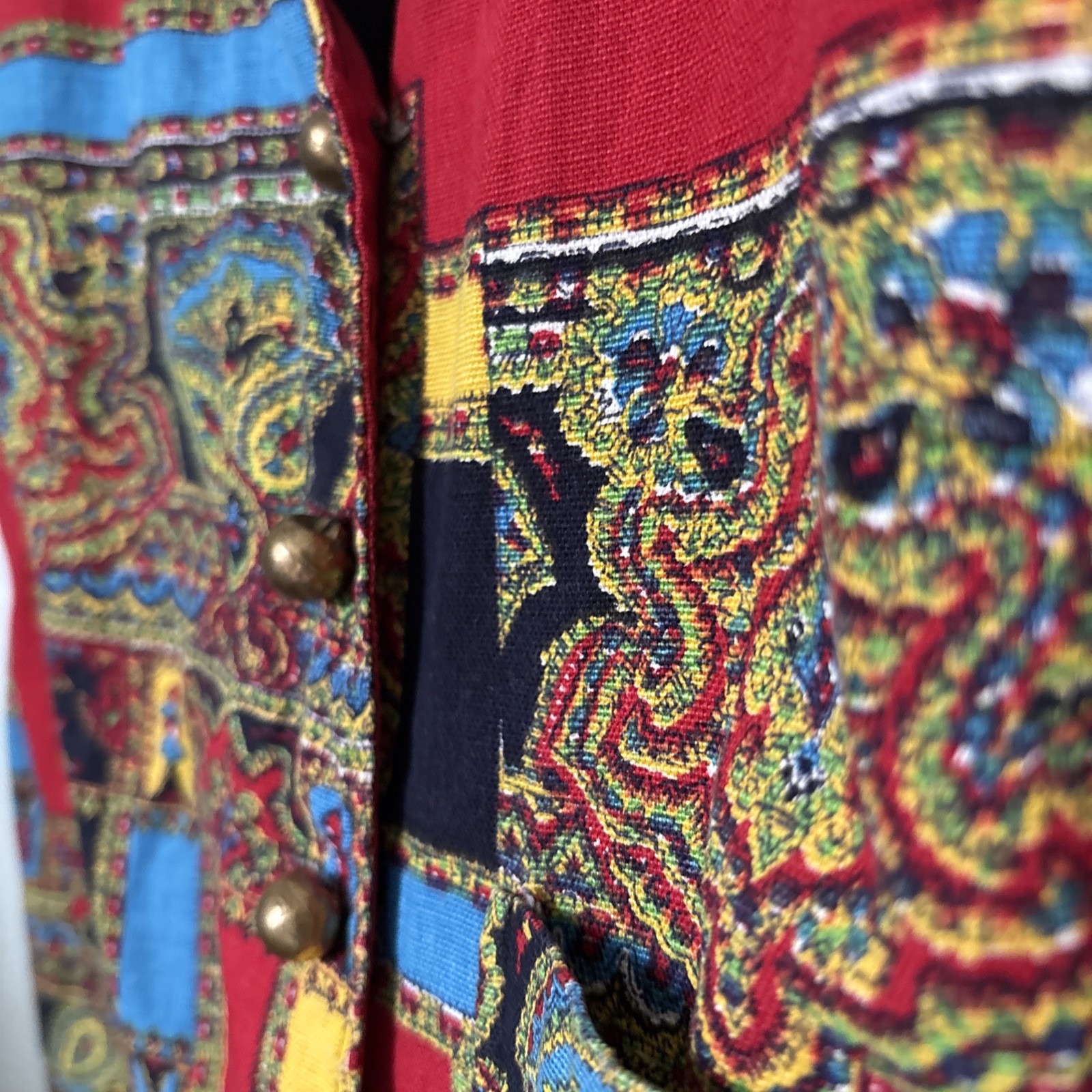 Vintage Tunic Vest Top L California 1970 Pop Color Groovy Paisley Brass Buttons