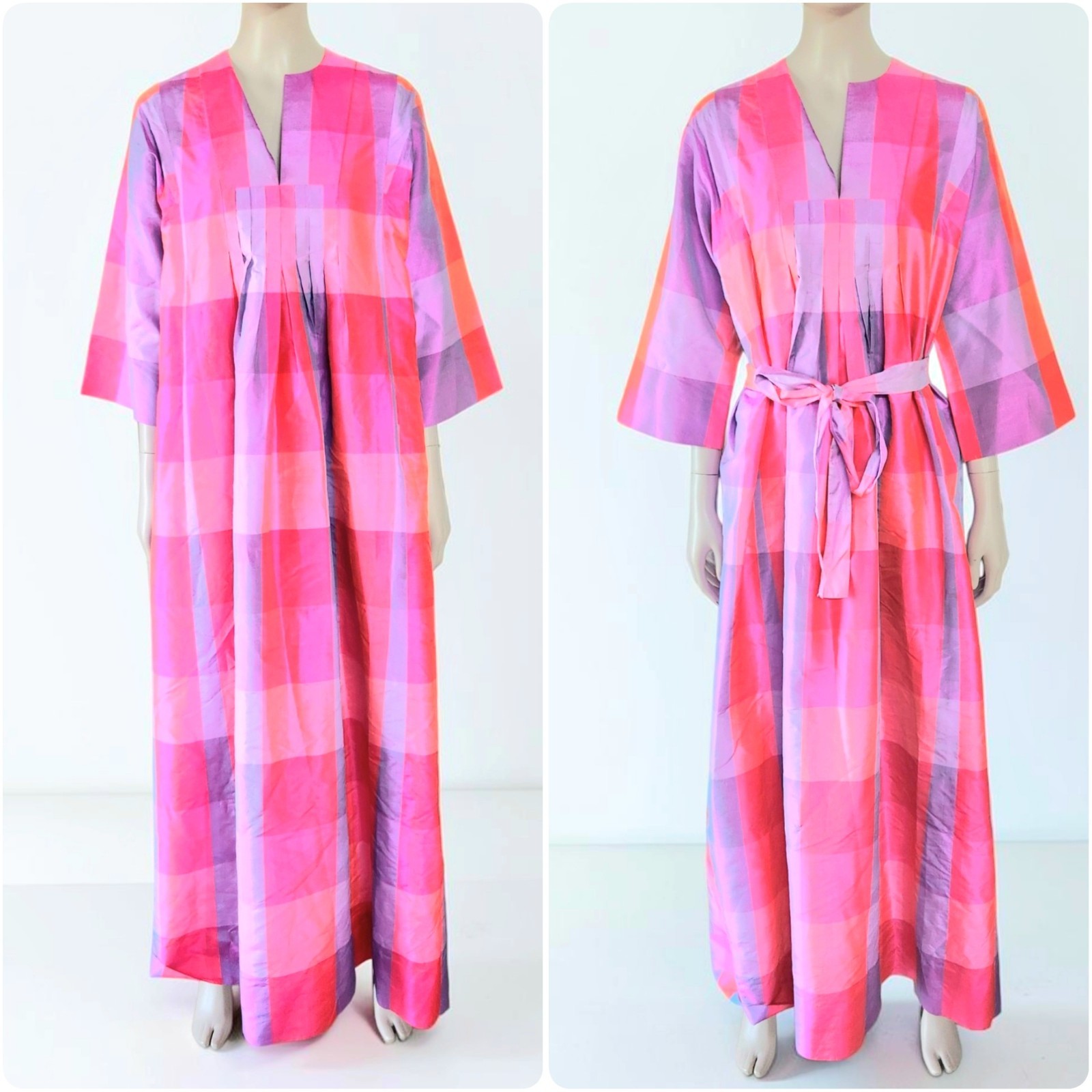 Vintage Jim Thompson Siamese Trader Thai Silk Belted Madras Kaftan Dress M 60s