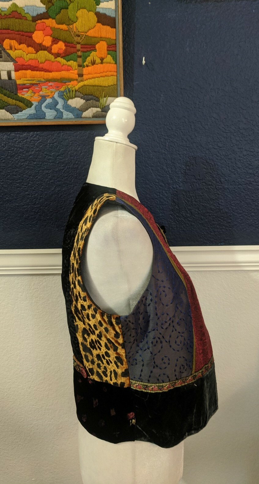 VTG Lucia Lukken Multicolor Floral Patchwork Mixed Media Velvet Vest Sz Small S