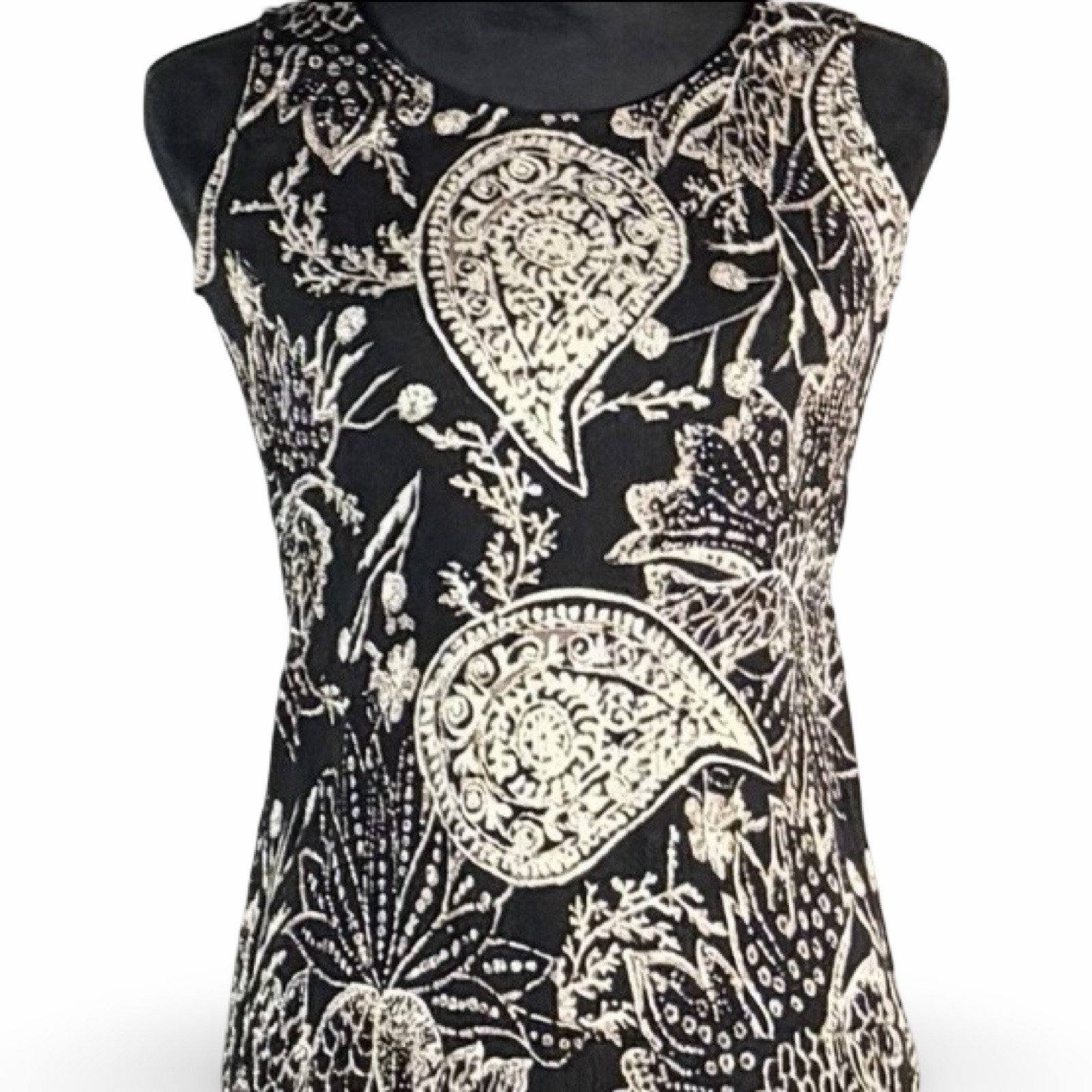 Vintage Boho T & Co 100% Rayon Black Ivory Paisley Sleeveless Midi Dress Sz 4P