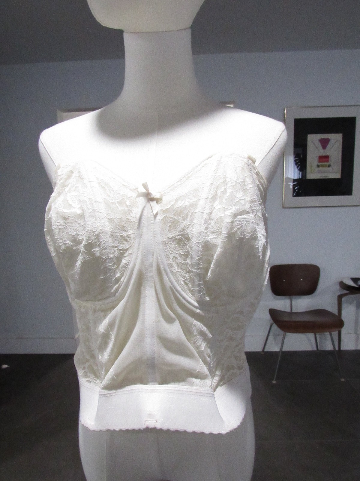 40s 50s vtg Goddess Bustier Longline dress Bra top 42DD White LACE goth lolita L