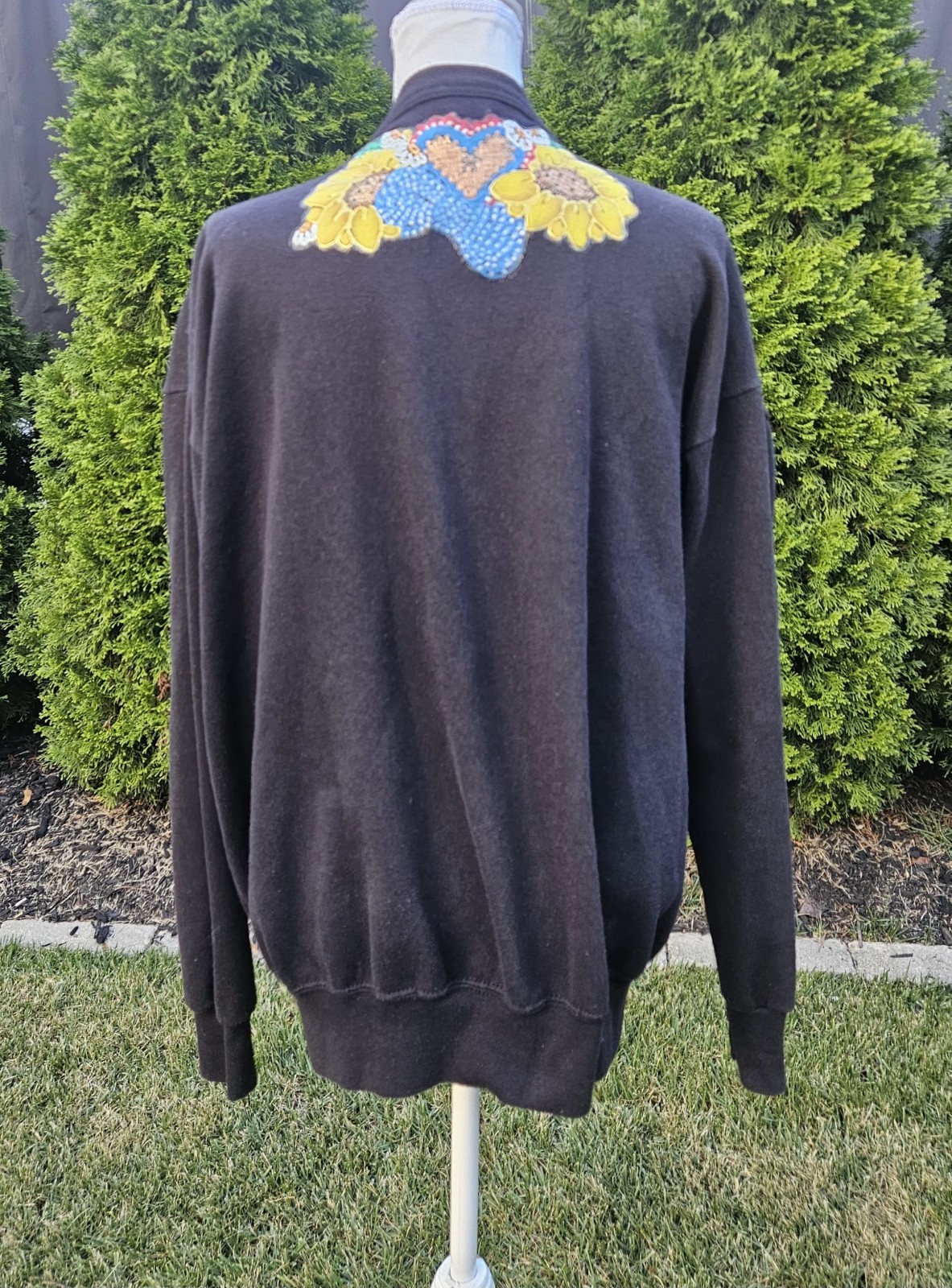 Vtg Quitman USA Sweatshirt Black Painted Applique Sunflower Corn Art One Size