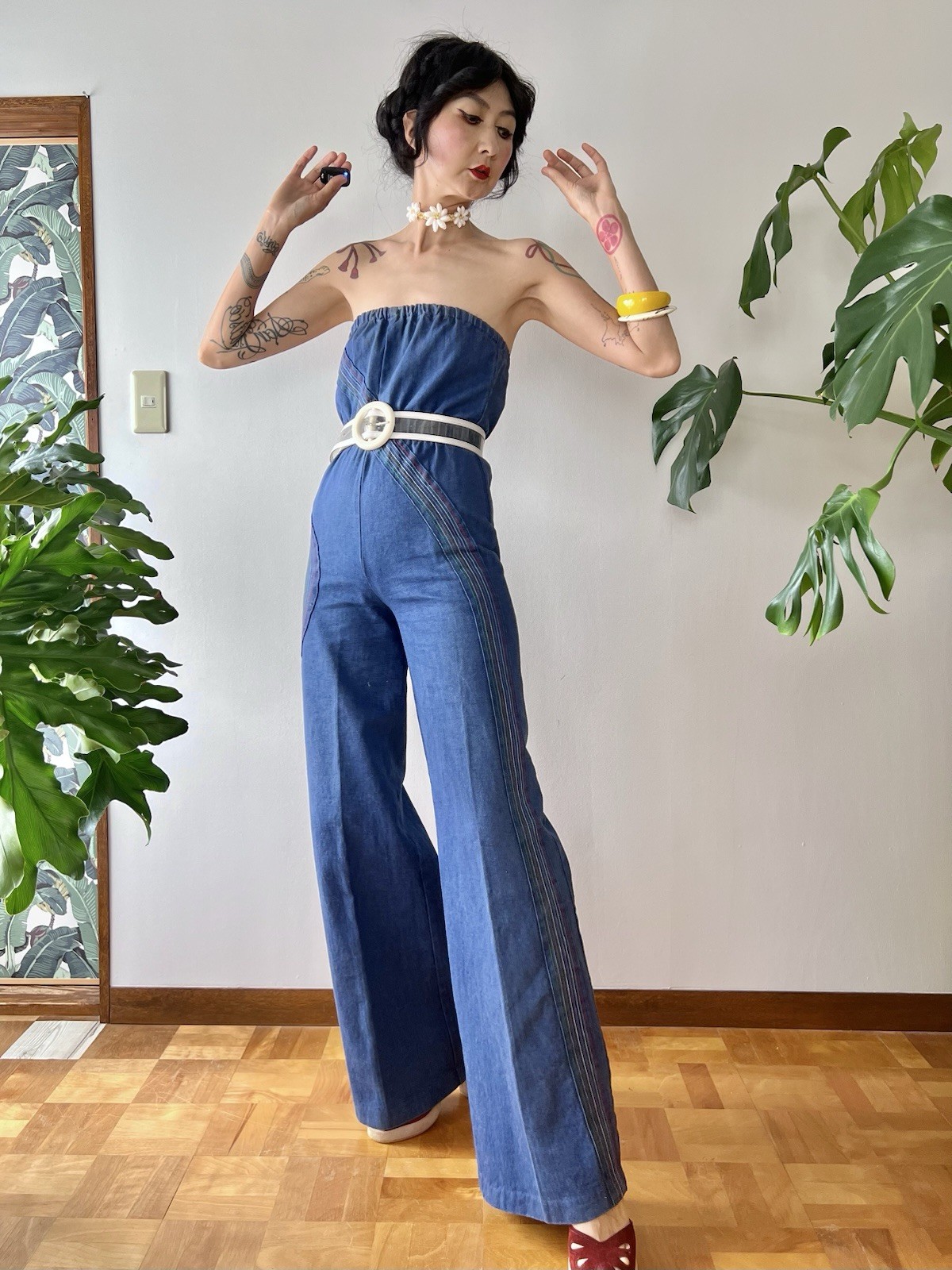 1970s Happy Legs Rainbow Chain Stitch Strapless Denim Jumpsuit Wide Leg XS/S
