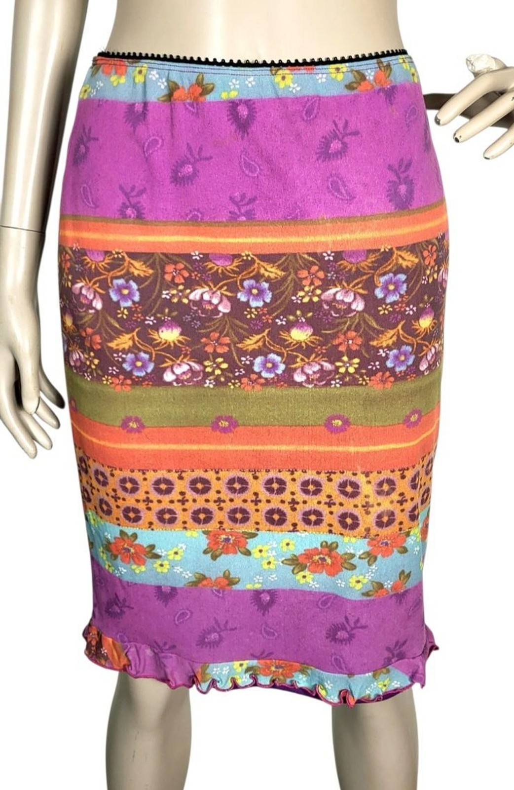 Vintage 90s Y2K Maria Bonita Mixed Media Colorful Ruffle Hem Pencil Skirt S/M
