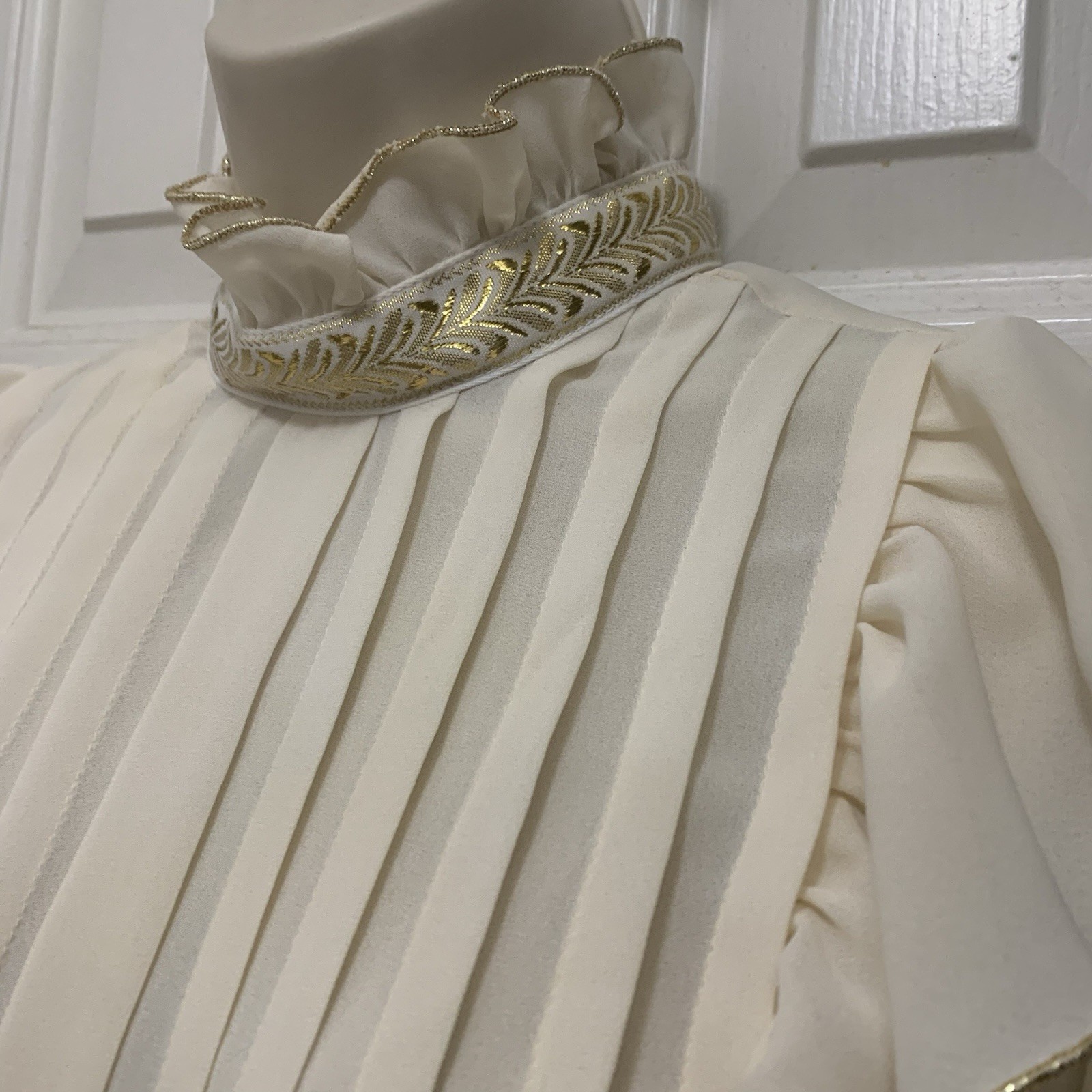Vtg Diane Richards Women’s Ivory Victorian Blouse Sz 16 Pleated Ruffle Gold Trim