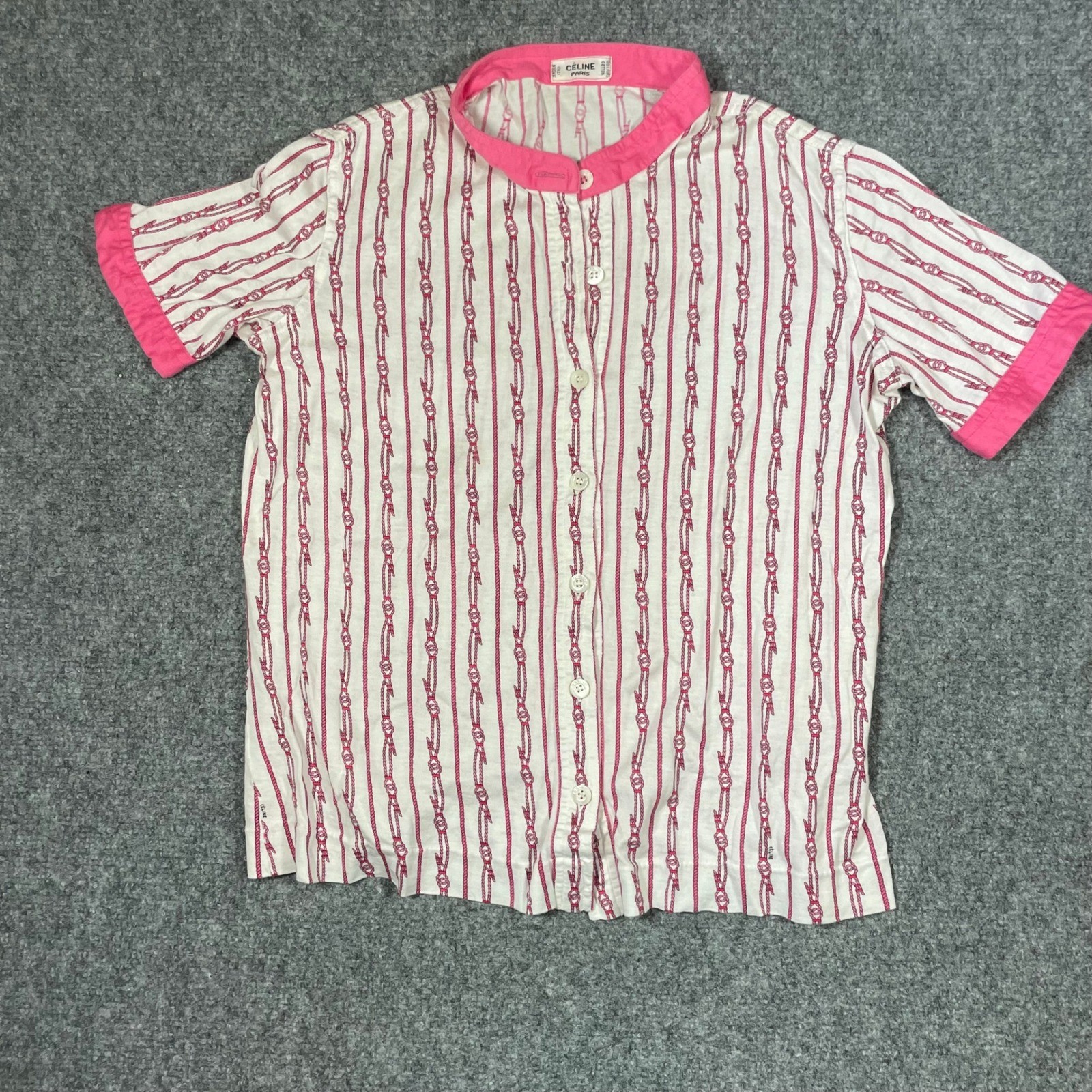 VTG Celine Button Up Shirt Womens 40 Pink Nautical Rope Vintage Short Sleeve