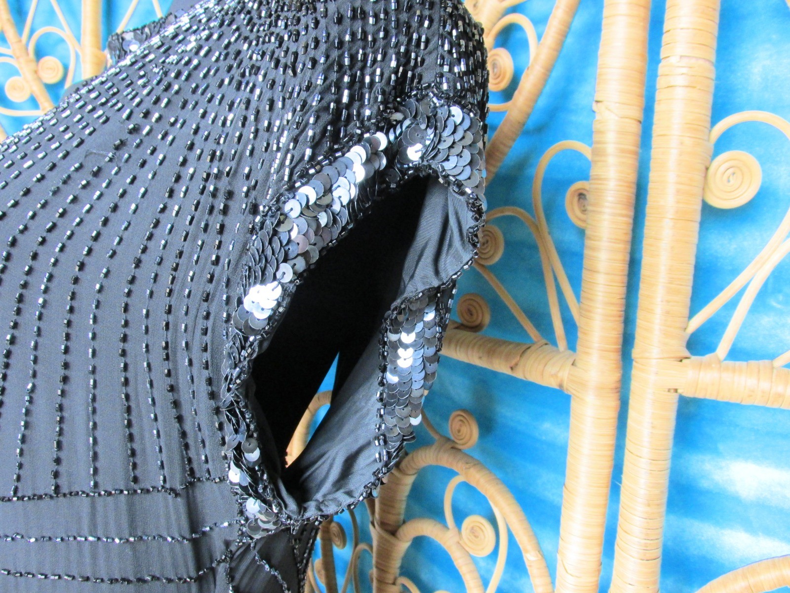 Vintage Para Black Silk Beaded Gown Sheath Keyhole Back Flared Hem SZ 10