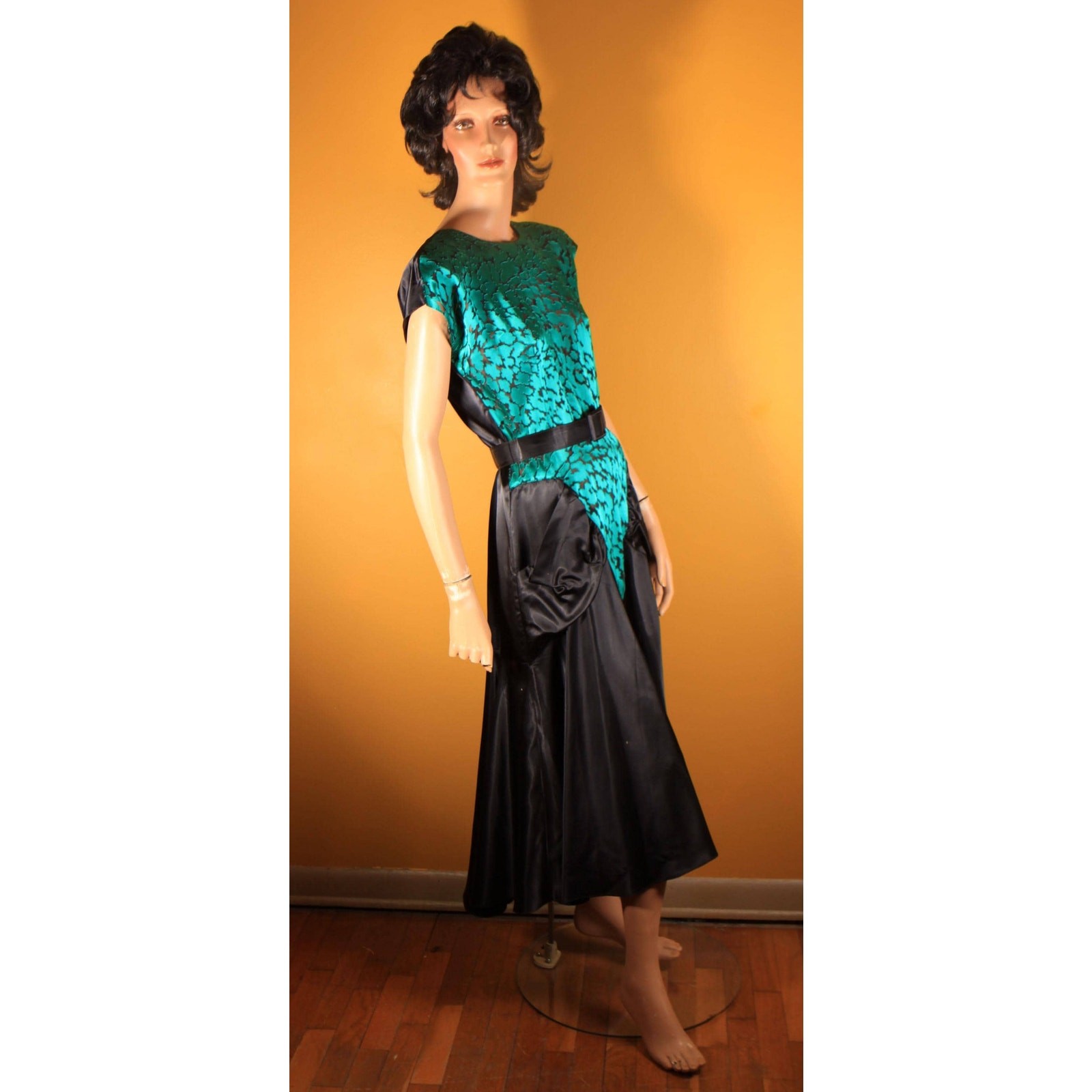 1980s Does 1940s Style Teal and Black Sheer Cocktail Dress by Diamond’s Run -L
