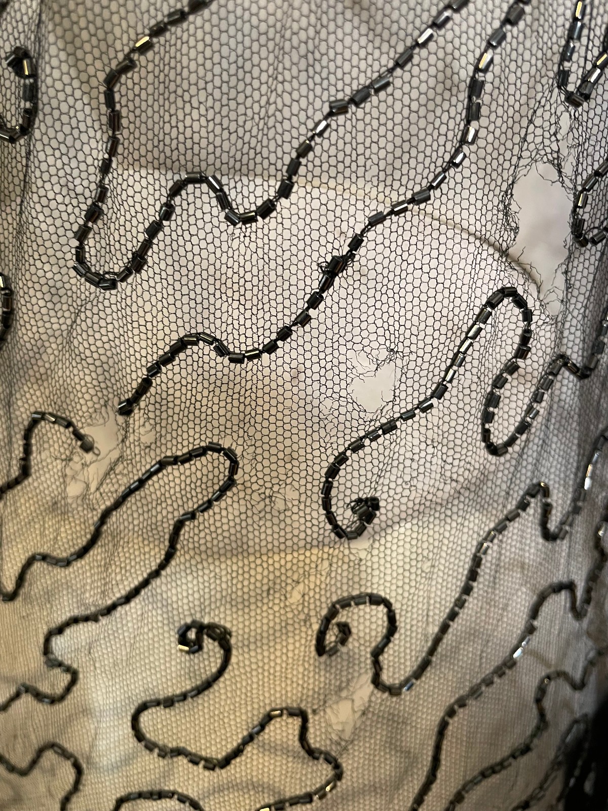 Antique 30s Art Deco Black Lace Sheer Beaded Dress S XS Floral Holes