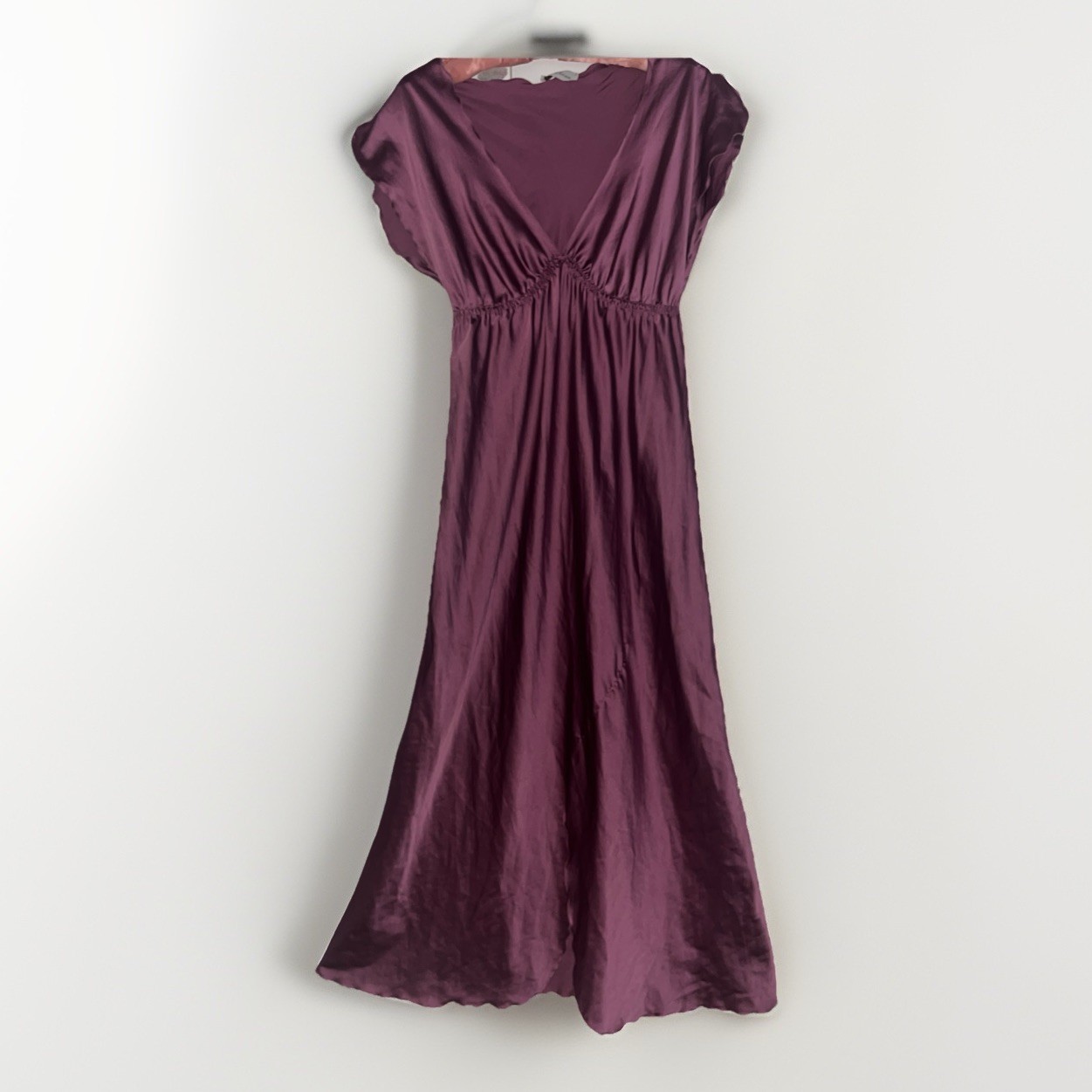 Vtg Miss Elaine Purple Satin Maxi Nightgown Large V Neck Flutter Sleeves