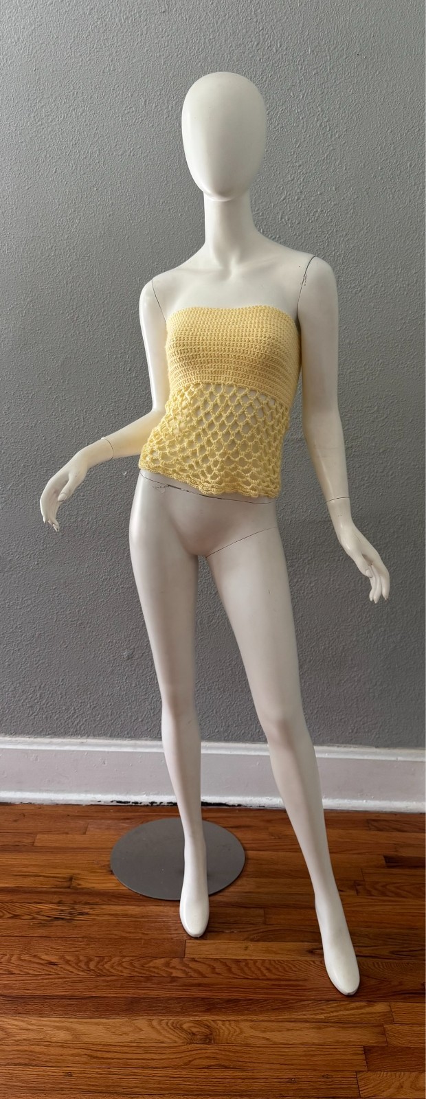 Vintage 70s Yellow Strapless HAND KNIT Hippie Tube Top Blouse XS/S