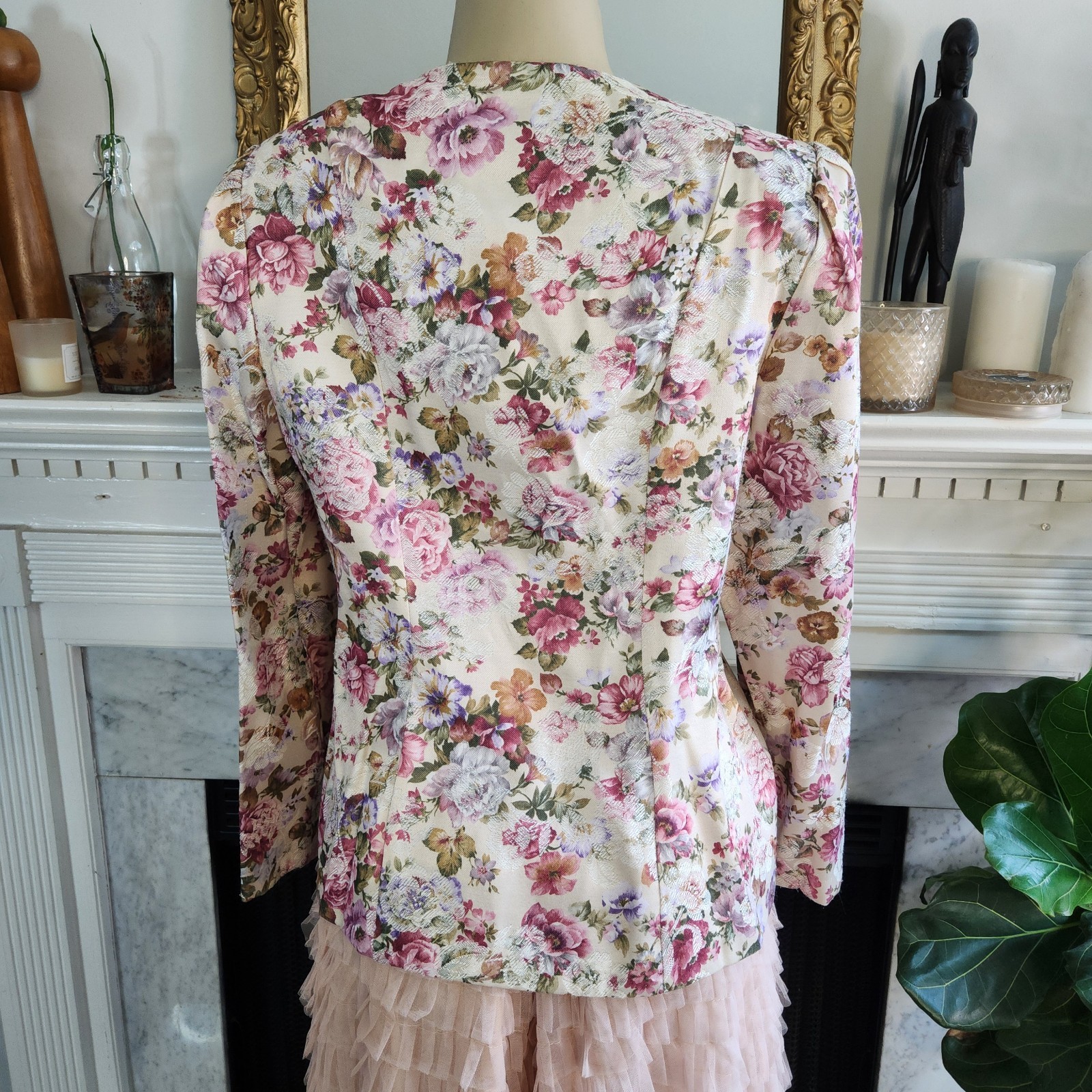 Vintage 80s Ivory Floral Blazer Lace Pink Fitted Cottagecore Romantic Size Large