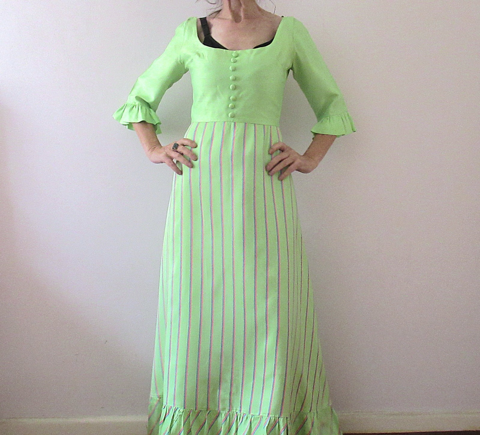 Vintage 70s Lime Green Prairie Bridgerton Empire Line Maxi Dress Small