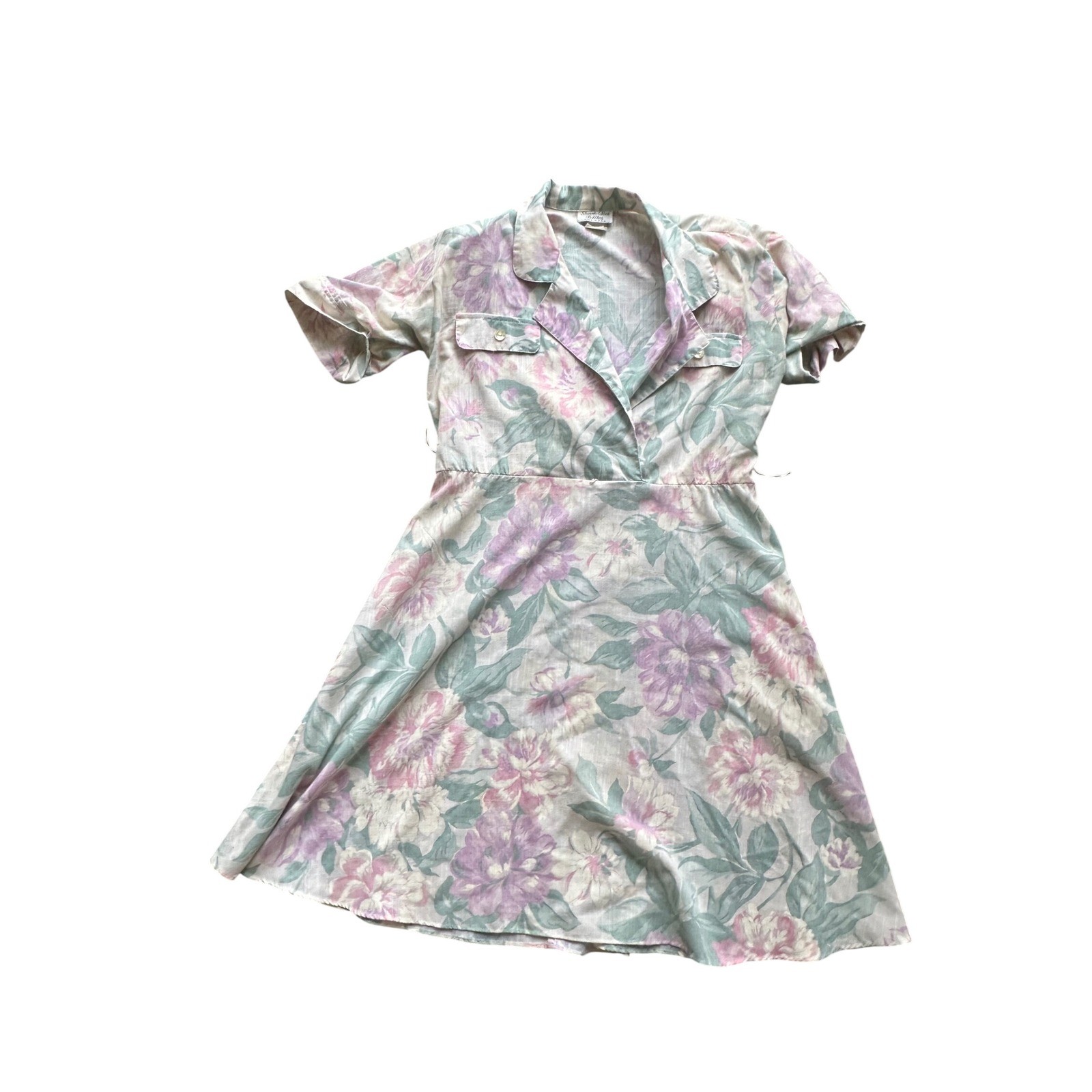 Stuart Alan Petites Vintage Floral Wrap Dress Pastel Purple Green Made in USA