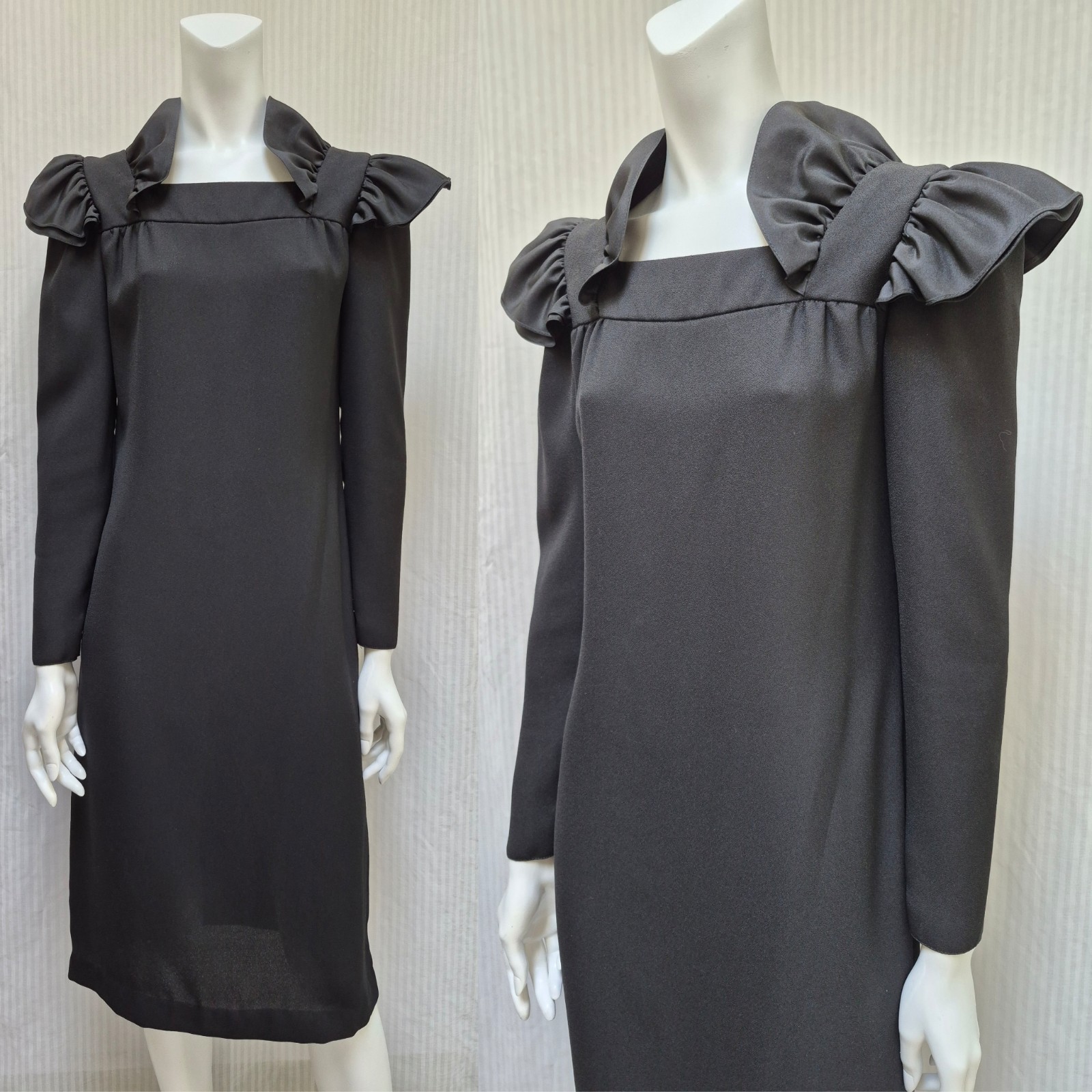Vintage DAVID MORRIS Black Crepe DRESS w/ Ruffle Shoulders – Size S