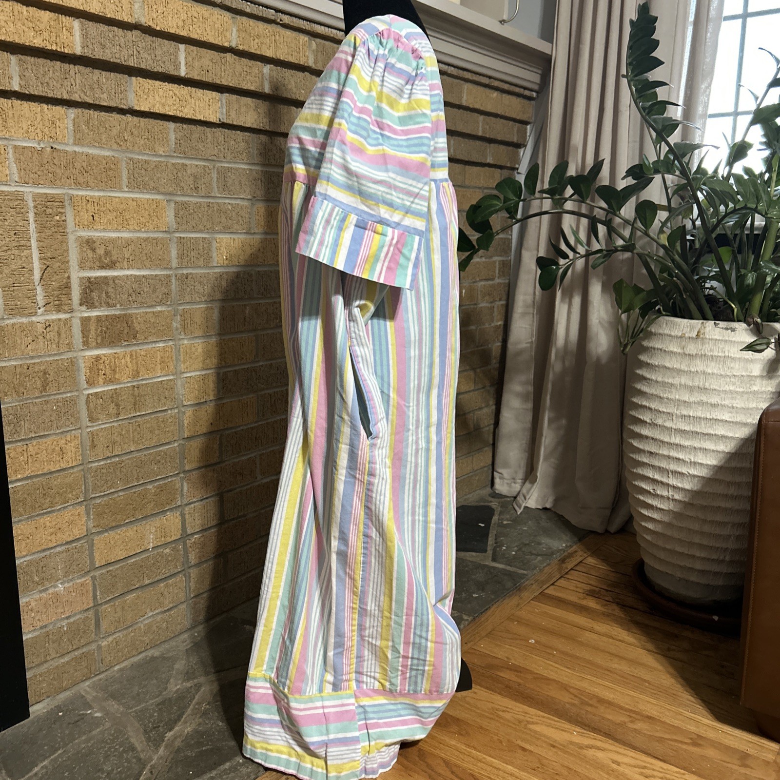 Vtg Lounge Bell Slv Caftan Pastel Striped Maxi Dress Babydoll Airy Modest Sz M
