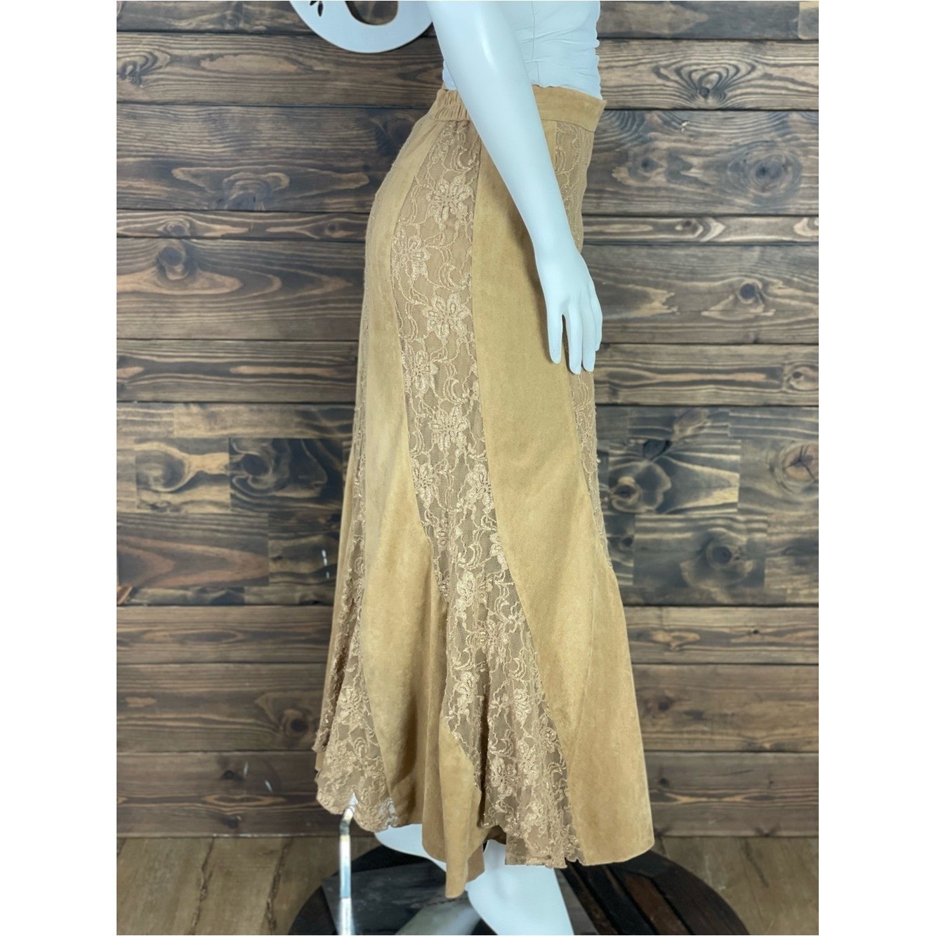 Ribcoff Trends Vintage Lace Panel Midi Skirt Suede Tan Color Flowy Fir and Flare