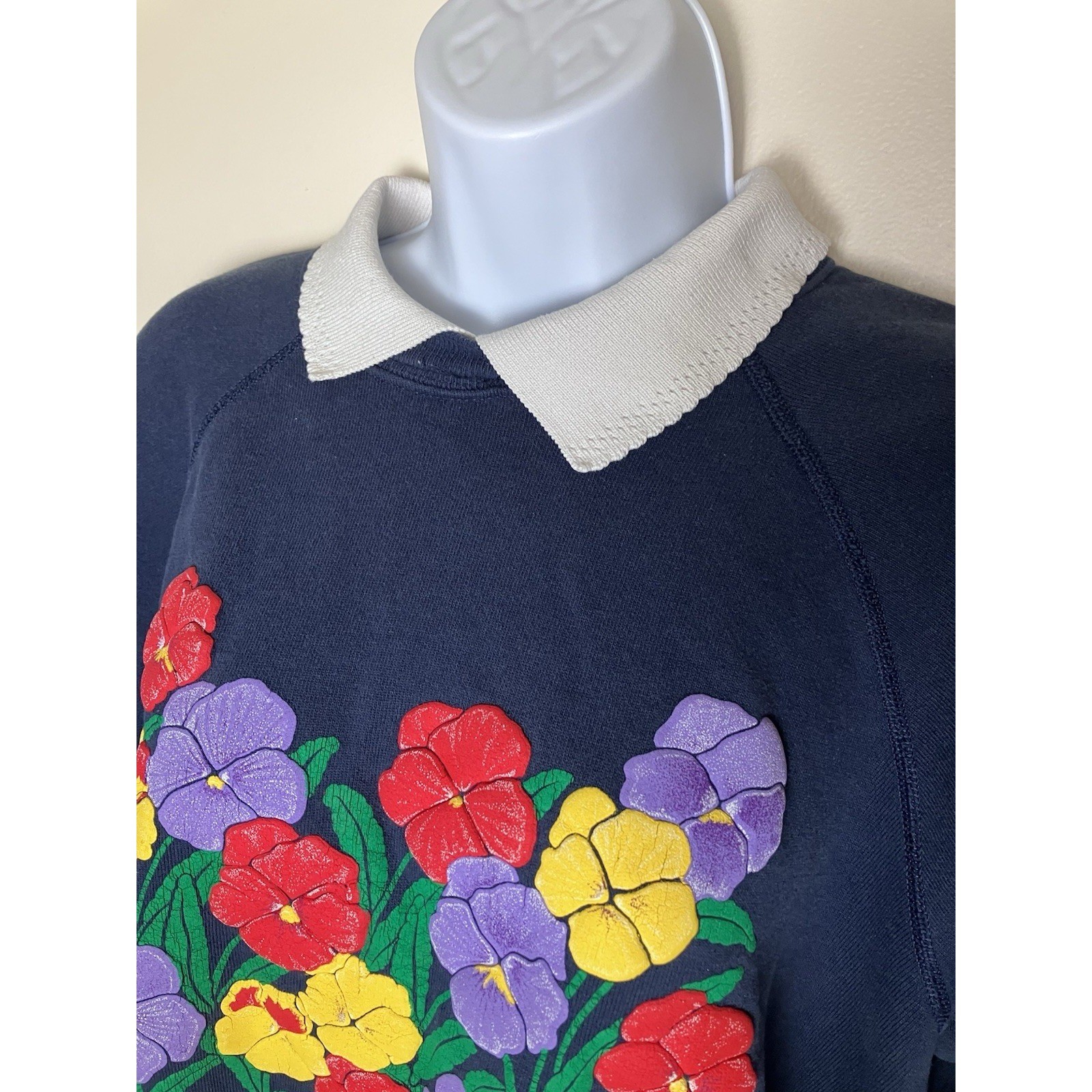 Vintage Blue Floral Barclay Square Hanes Sweatshirt With Collar Twee Size XL
