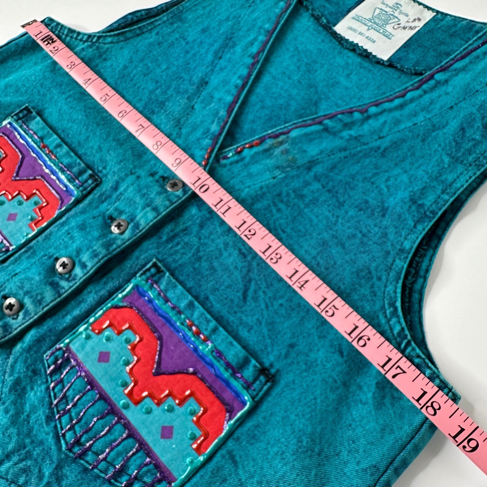 Vtg Turquoise Tyrtle Painted Design Wear Vest Southwestern Acid Wash Festival OS