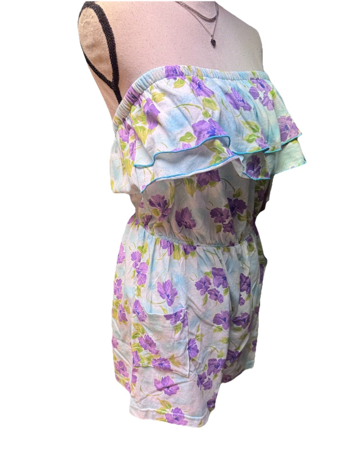 Vintage Blue Floral Ruffled Tube Top Cotton ROMPER w/ Pockets XL Elastic Waist