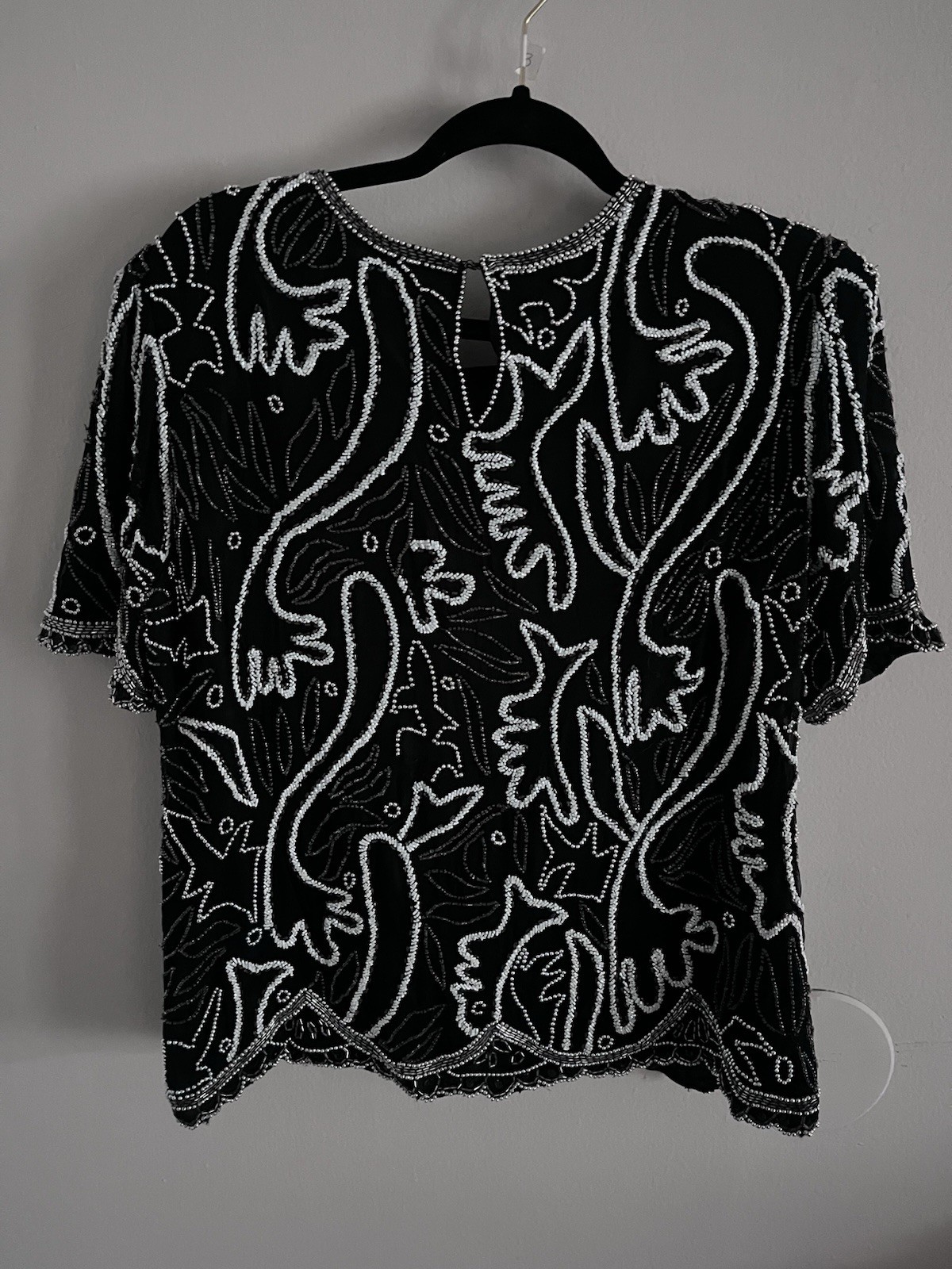 Vintage Womens XL Top Laurence Kazar Black Silver Sequin Beaded Blouse Gatsby