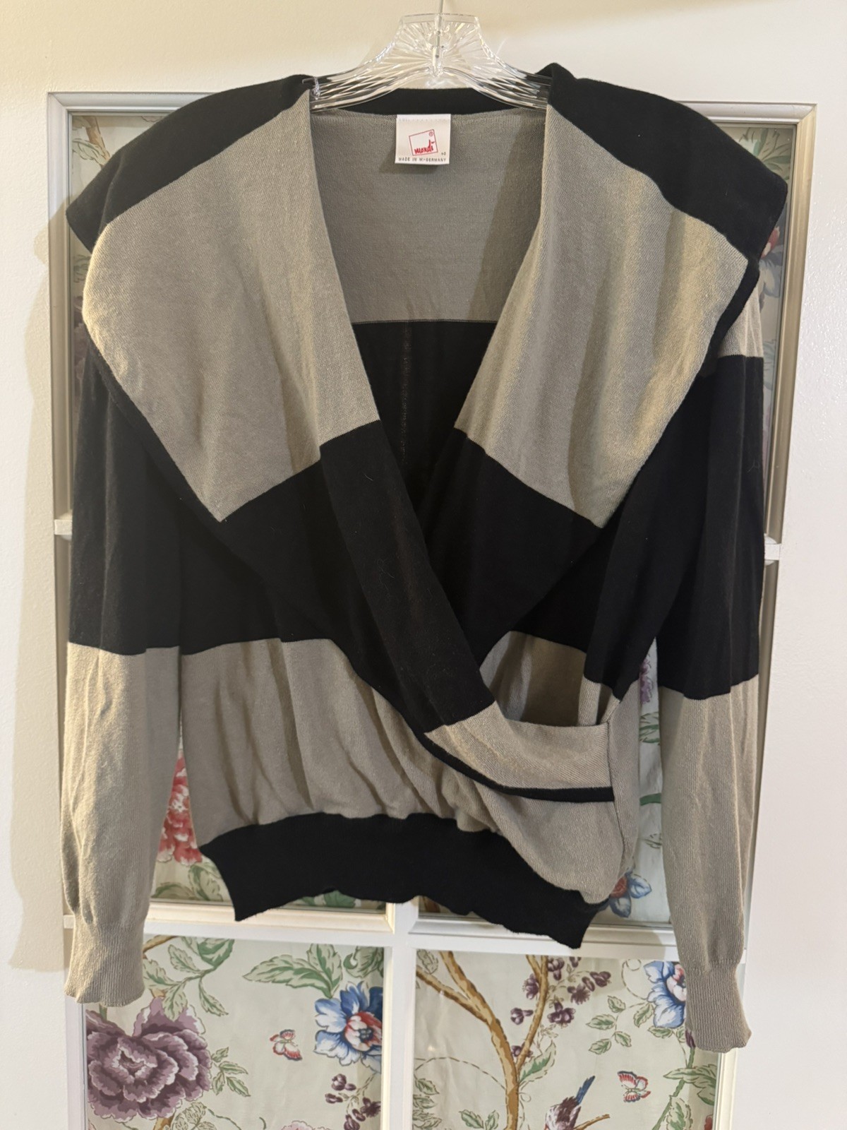 Vintage Mondi Color Block Large Collar Faux Wrap Cotton/Poly Sweater-Size 40