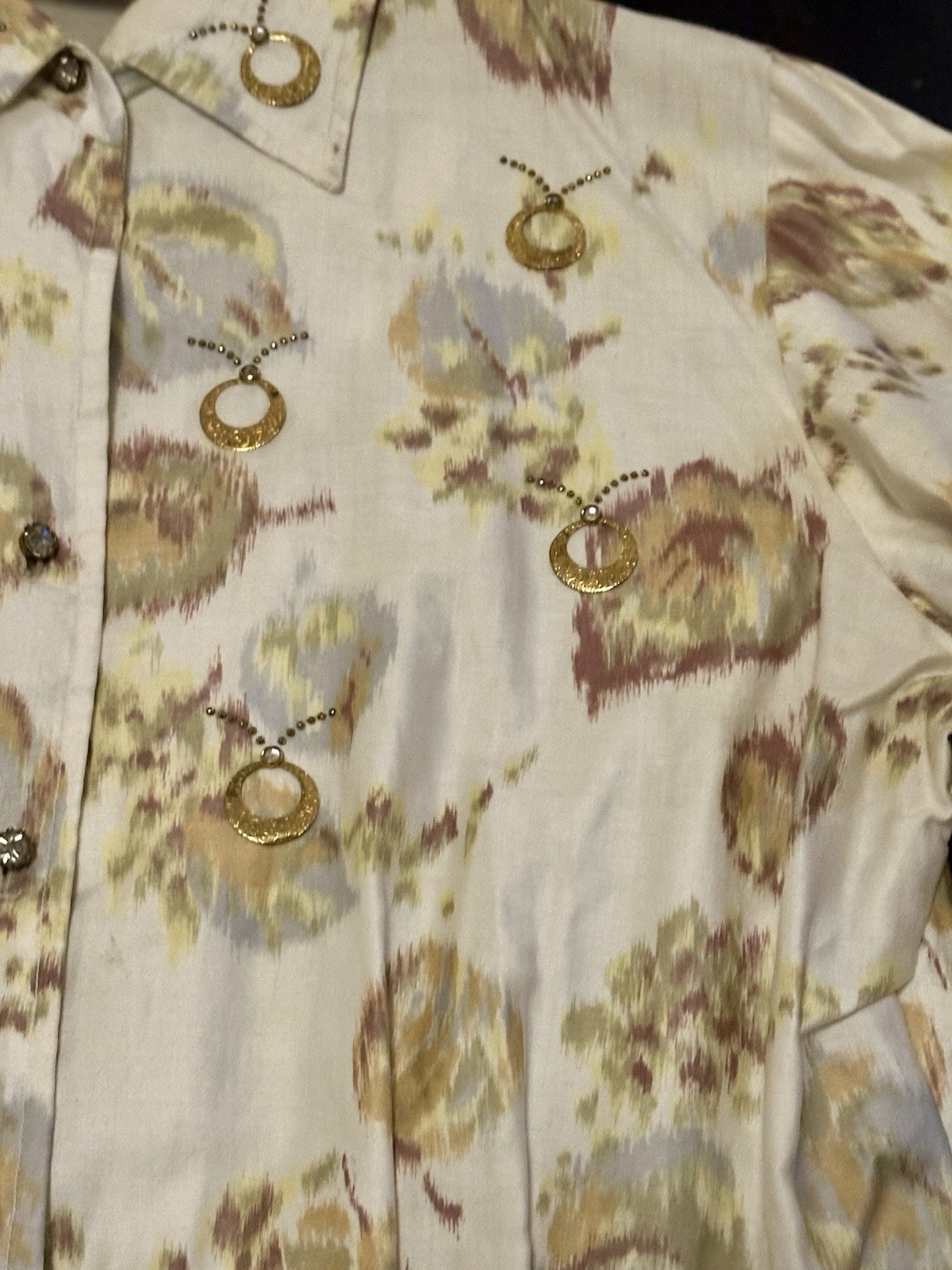 Vintage 50s Malbe Blouse Shirt Rhinestones Impressionist Pattern Sz S/M