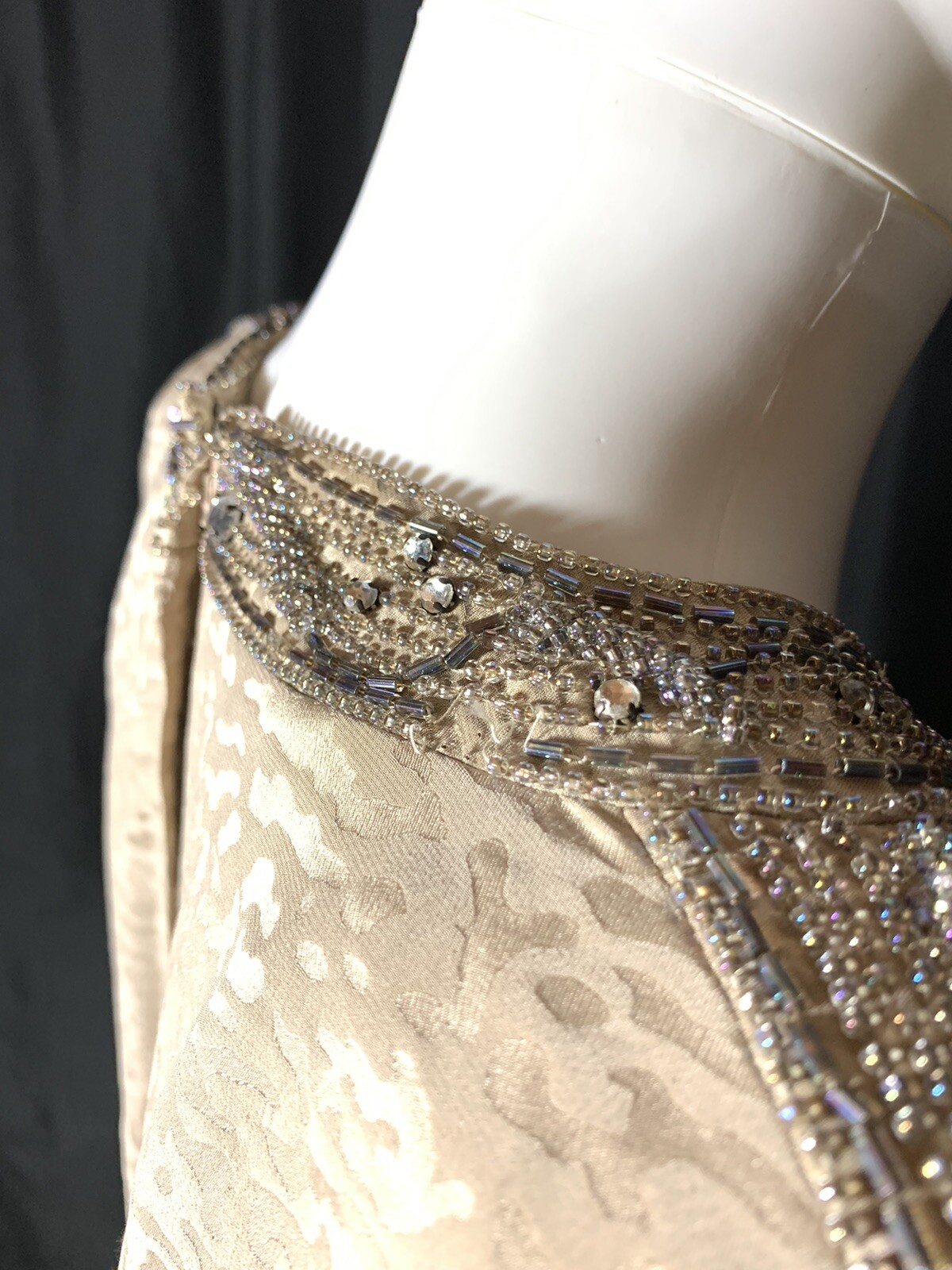 Vintage Heavy Beaded Dynasty Taupe Silk Dress Designer D’ore Animal Print Sz 14