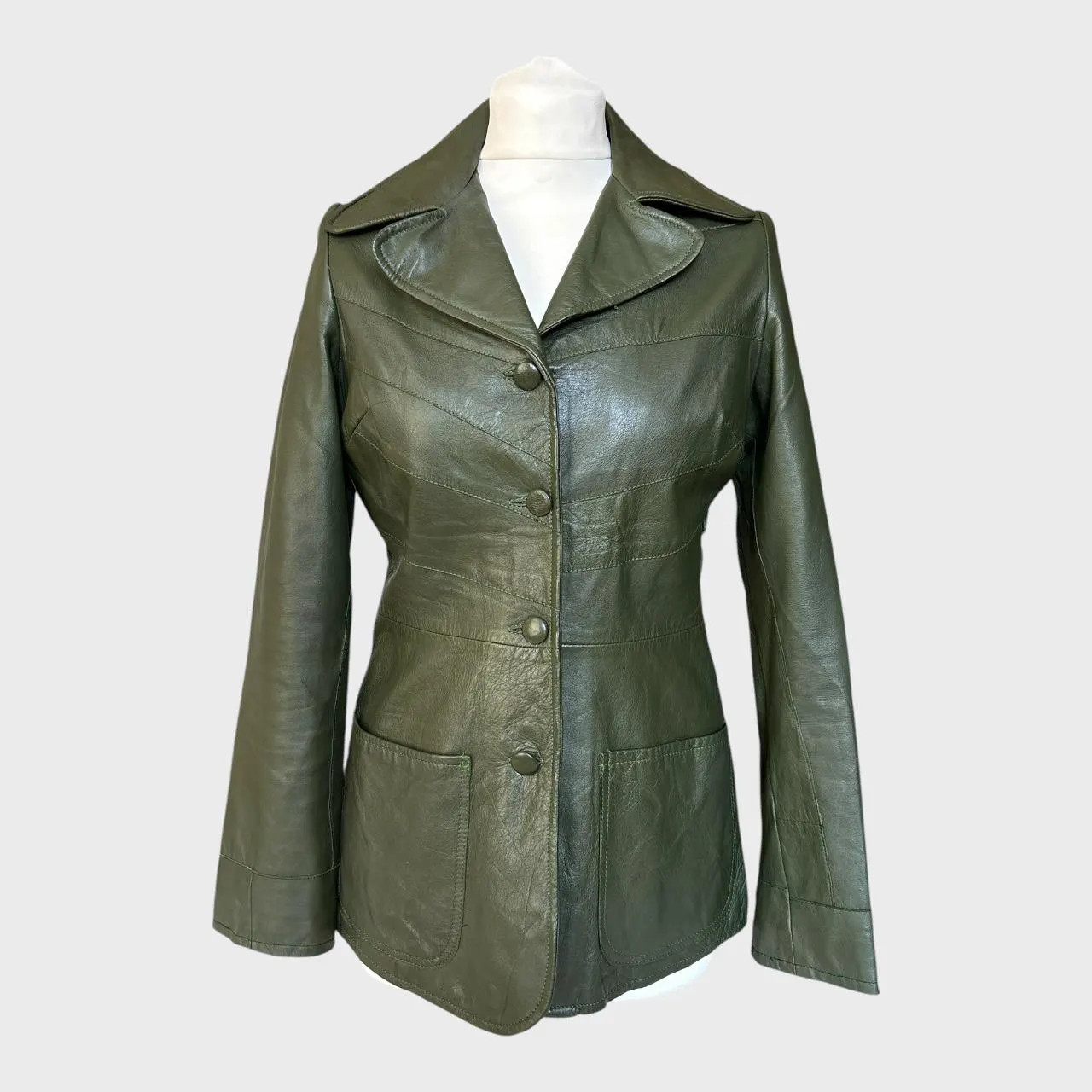 Vintage 70s Dark Green Leather Jacket: Fitted Waist, Retro Boho size US4