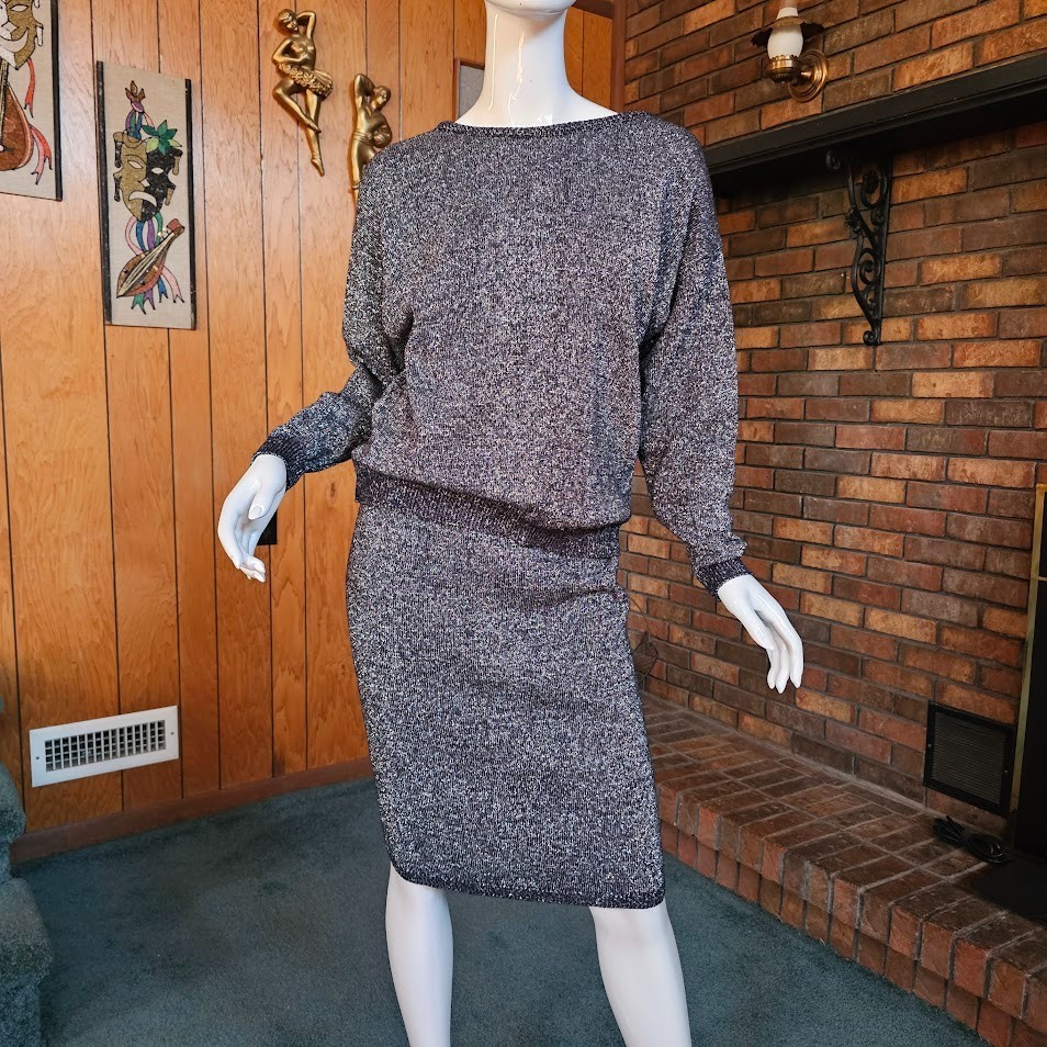 Vtg 80s Metallic Silver Lurex Holiday Knit Sweater + Pencil Skirt Suit Set M/L