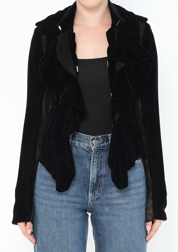 Vintage YSL YVES SAINT LAURENT Velvet Ruffle Jacket 36 38 Black Mesh Panel 2003