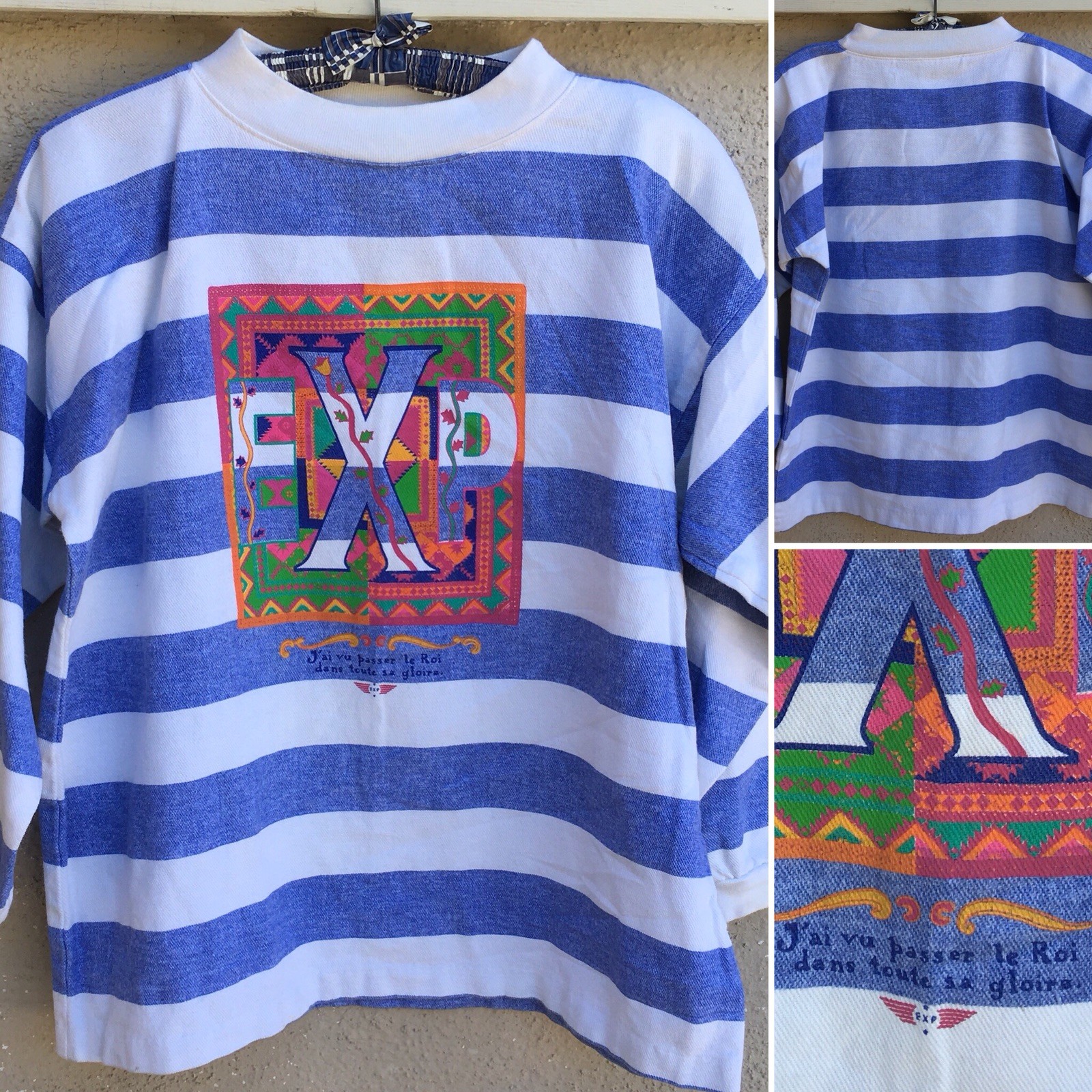 Vintage EXP Big Logo Striped Shirt 80s 1980s XS/0 Oversized Fit USA